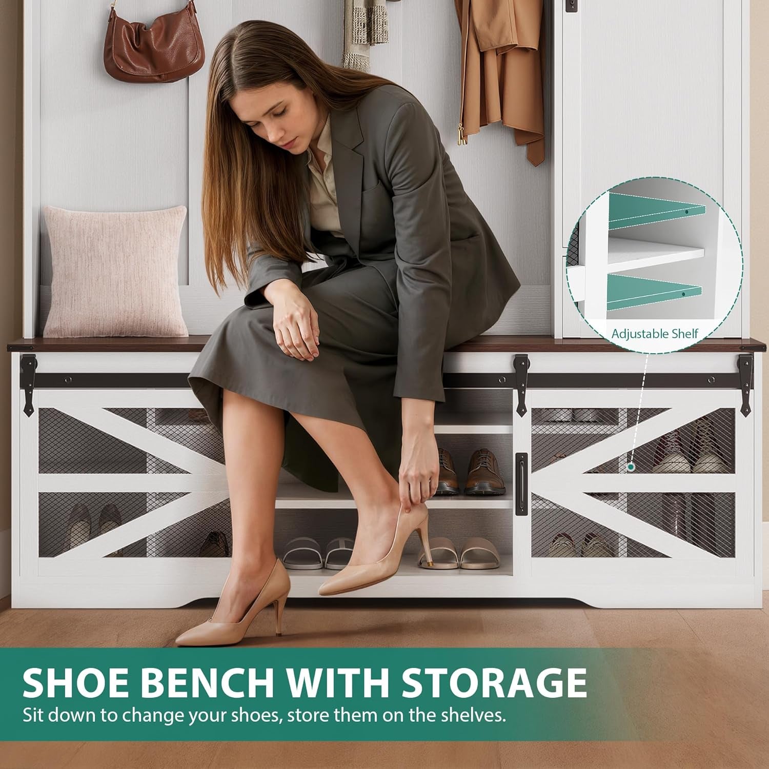 Hall Tree with Bench and Shoe Rack, Modern Large Shoe Storage Organizer with Coat Hooks, Drawer, Sliding Barn Door, Adjustable Shelves & Anti-Tip Kit for Entryway Mudroom