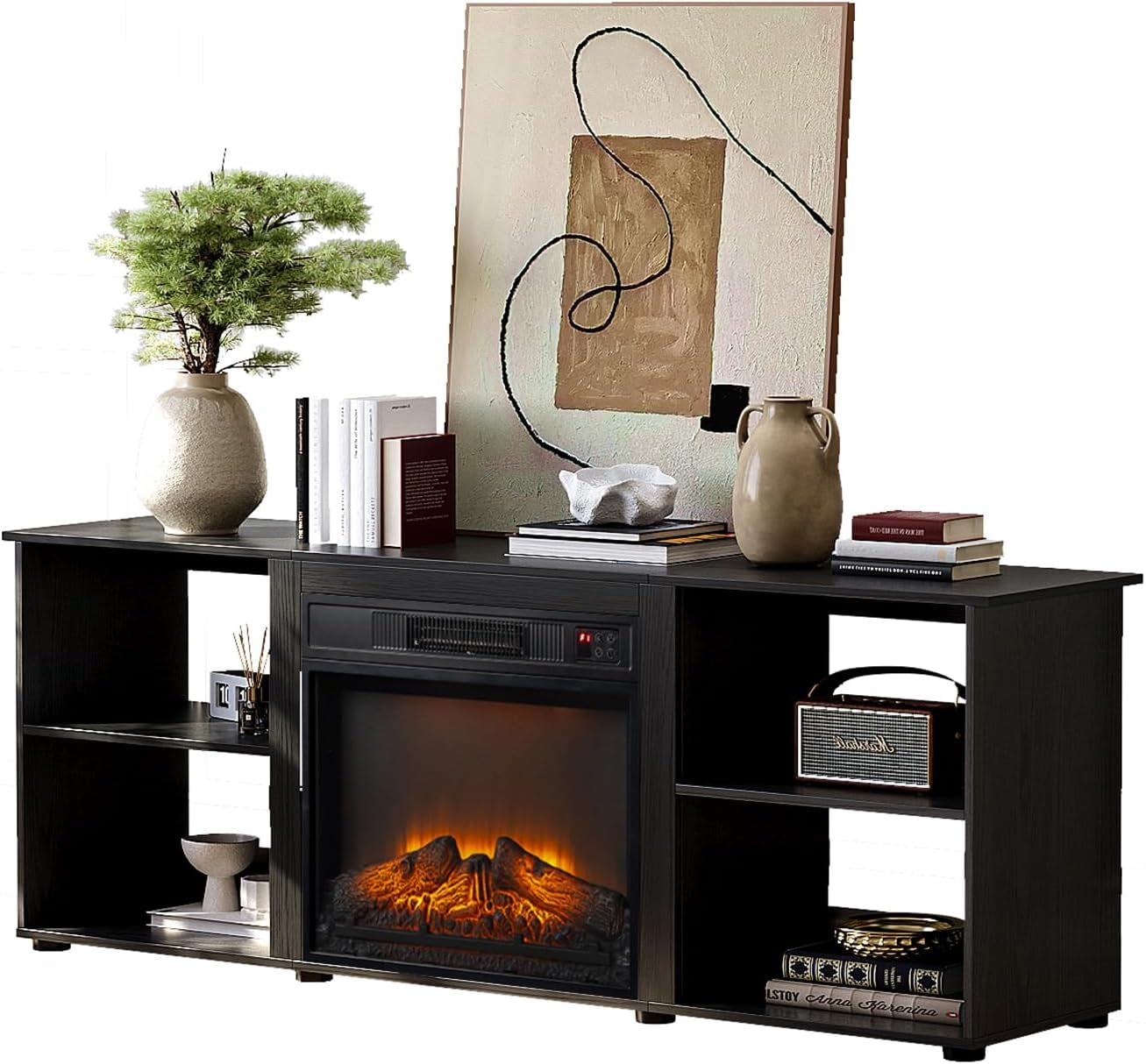 Fireplace TV Stand for up to 70 Inch Tvs, Modern Entertainment Center with Electric Fireplace Heater & Two Open Adjustable Shelves, Fireplace Media Console Table for Living Room, Black