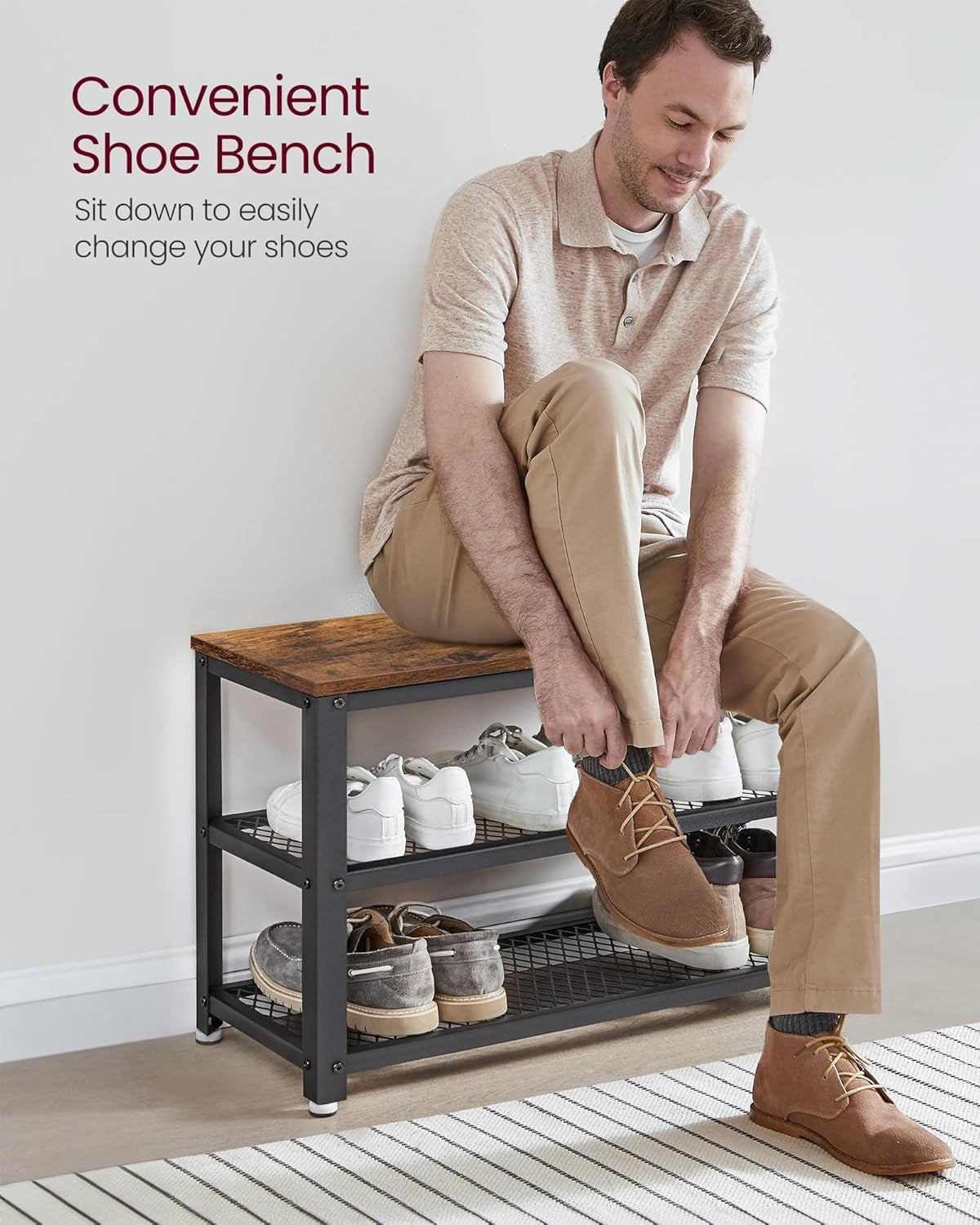 , 3-Tier Shoe Rack, Shelf Storage Bench with Metal Mesh Shelves and Seat, Free Standing Shoe Organizer for Entryway, 11.8 X 28.7 X 17.7 Inches, Rustic Brown and Black ULBS73X
