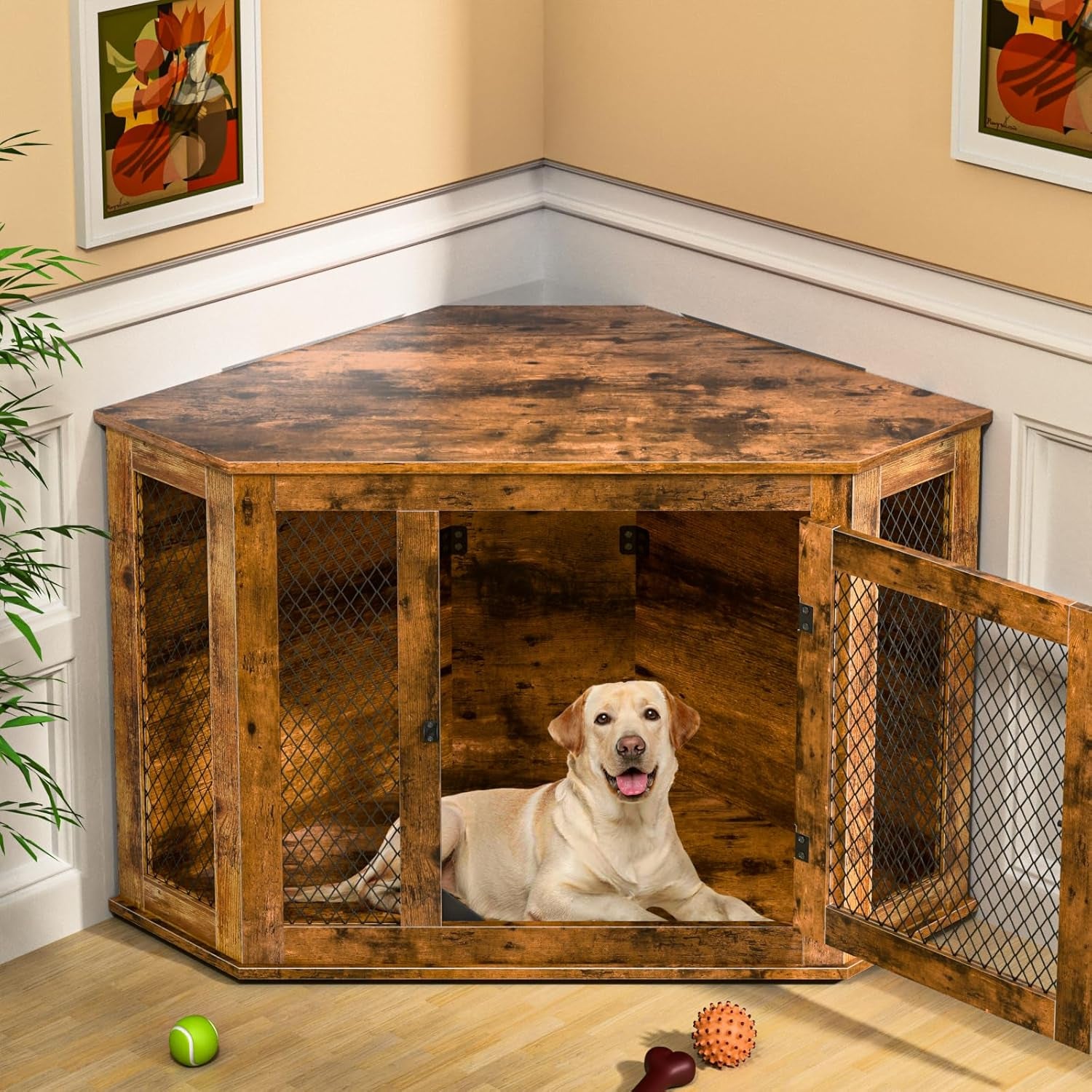 Corner Dog Crate Furniture, 52" Wooden Dog Kennel Furniture End Table with Mesh, Dog Kennel Indoor Furniture for Small Medium Large Dogs, Modern Decorative Wood Pet House Dog Cage Crate, Brown
