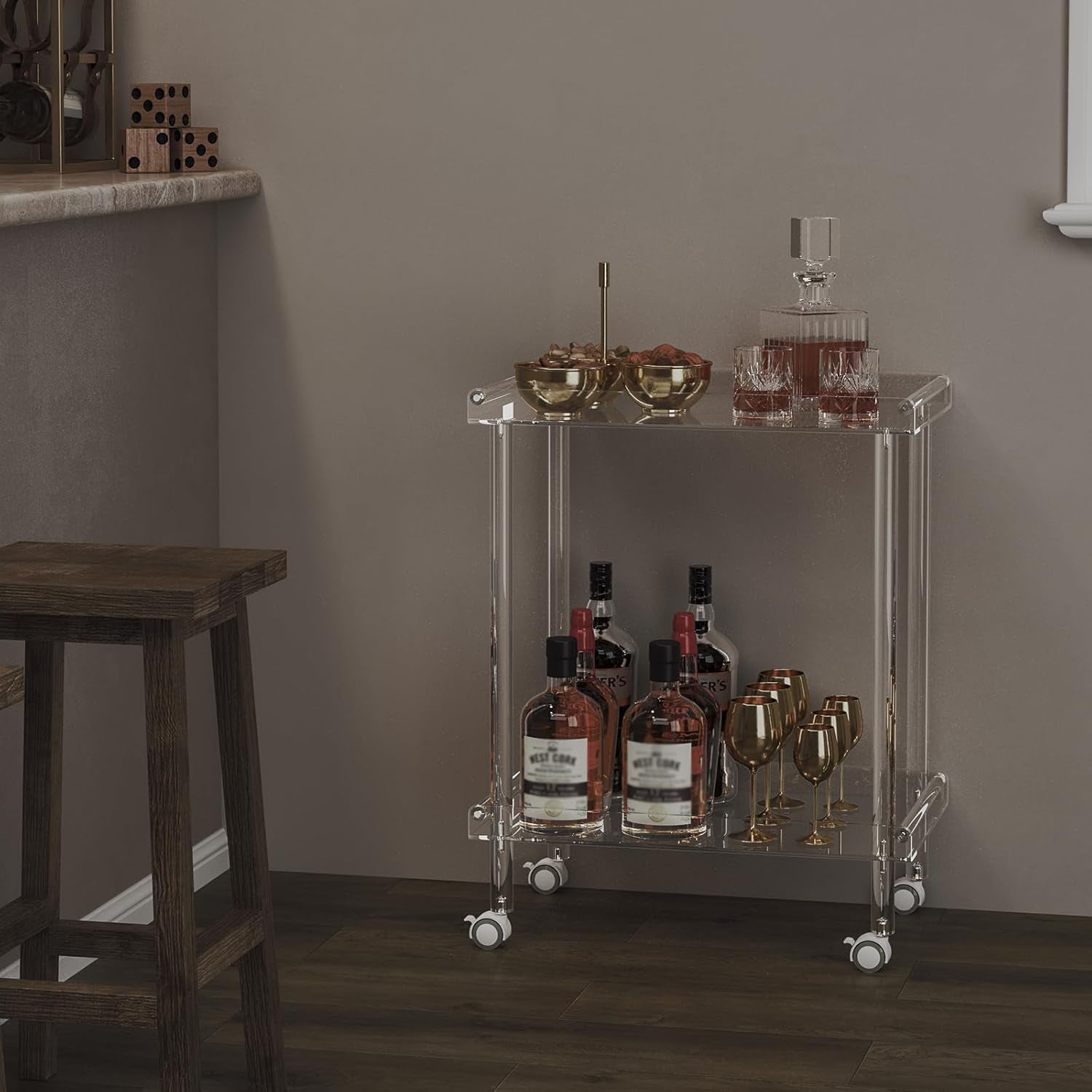 Acrylic Bar Cart, Rolling Serving Cart with 4 Lockable Wheels for the Home Bar, Kitchen, Living Room, Modern, 2-Tier, 23.6" L X 15" W X 30" H, Clear