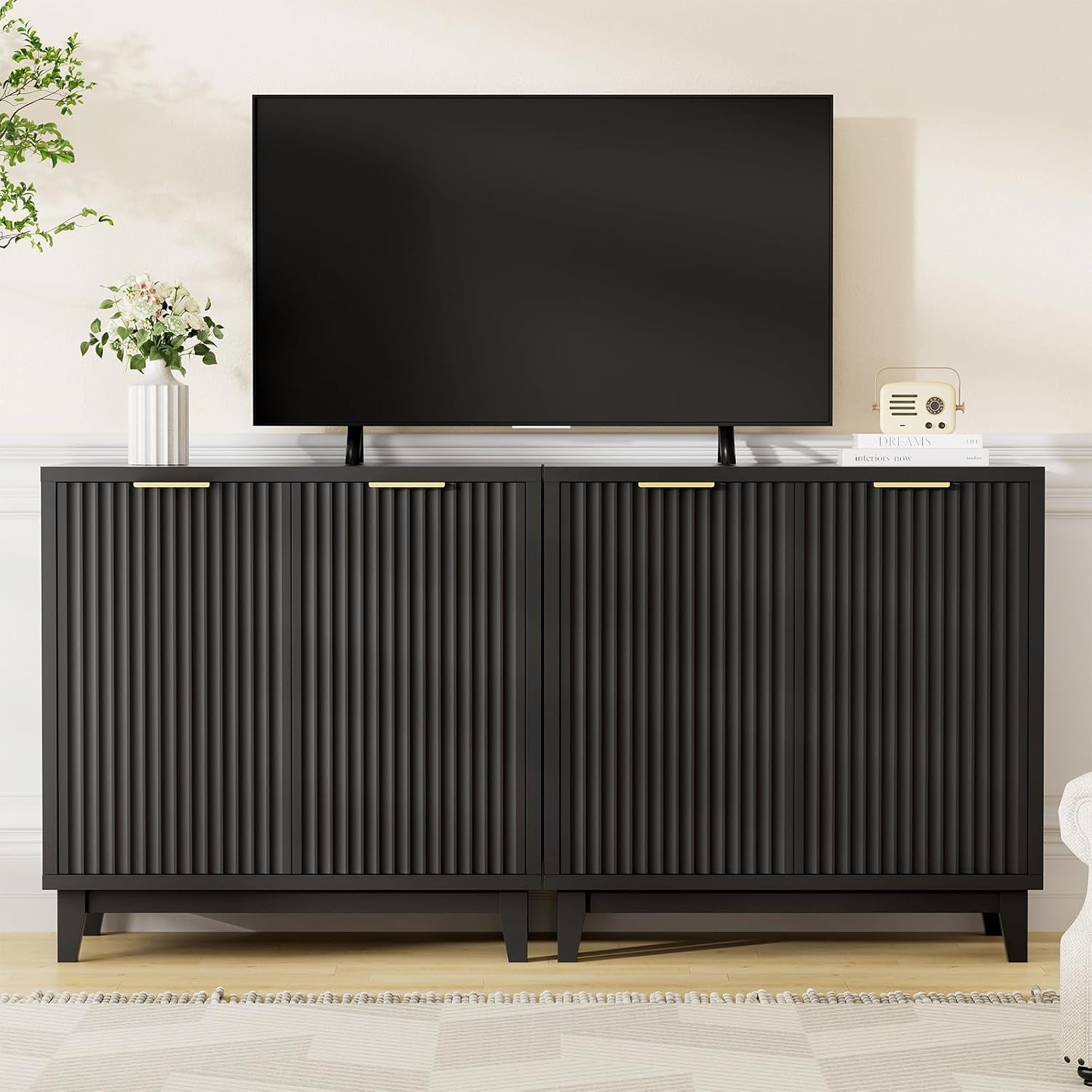 Fluted Cabinet with Storage, 2 Doors Sideboard Buffet, Mid Century Modern Accent Cabinet with Adjustable Shelves, Multifunctional Console Table with Storage for Living Room, Kitchen, Entryway