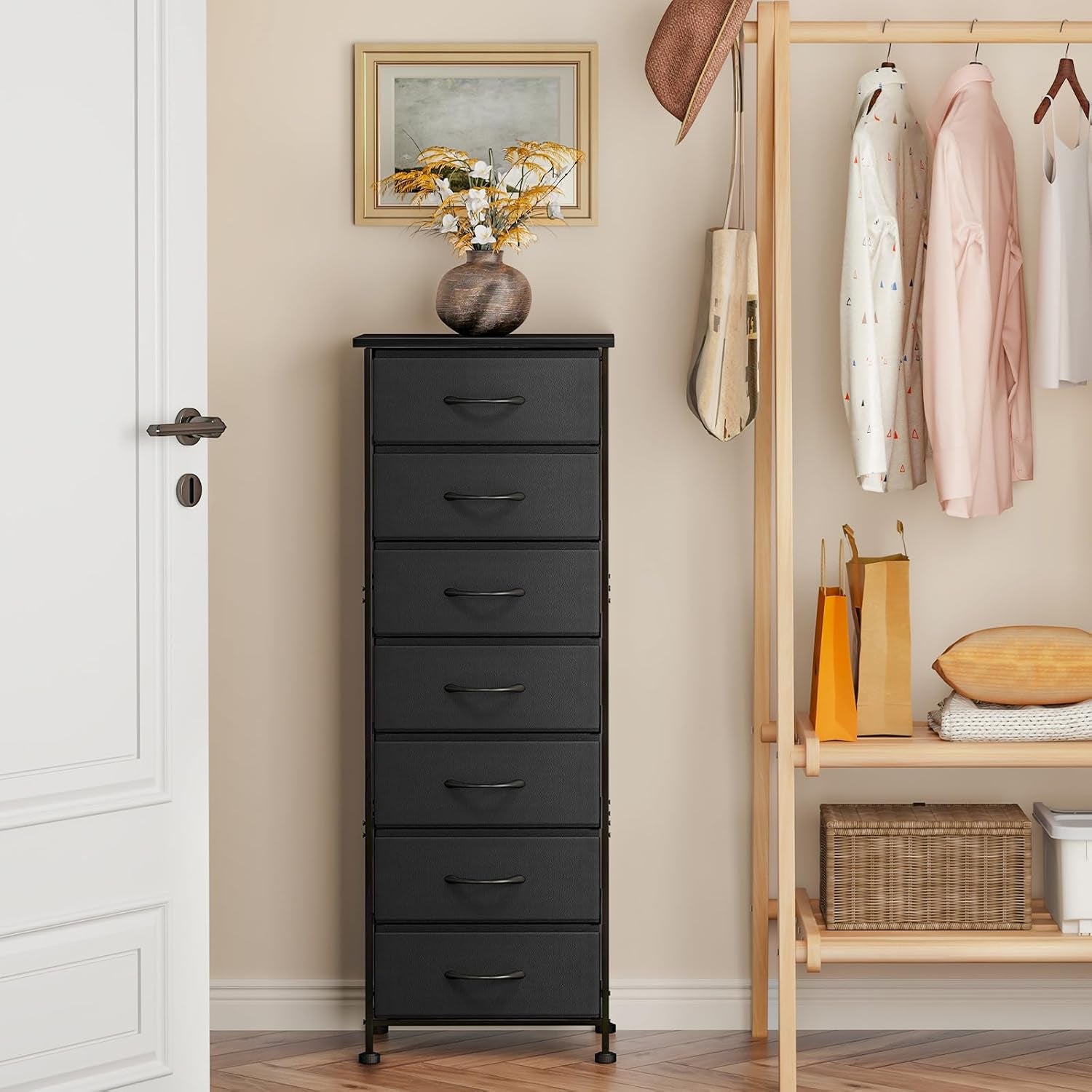 Black Tall Dresser for Bedroom, Storage Dresser Organizer with 7 Fabric Drawers, Nightstand Furniture in Closet, Entryway, Hallway
