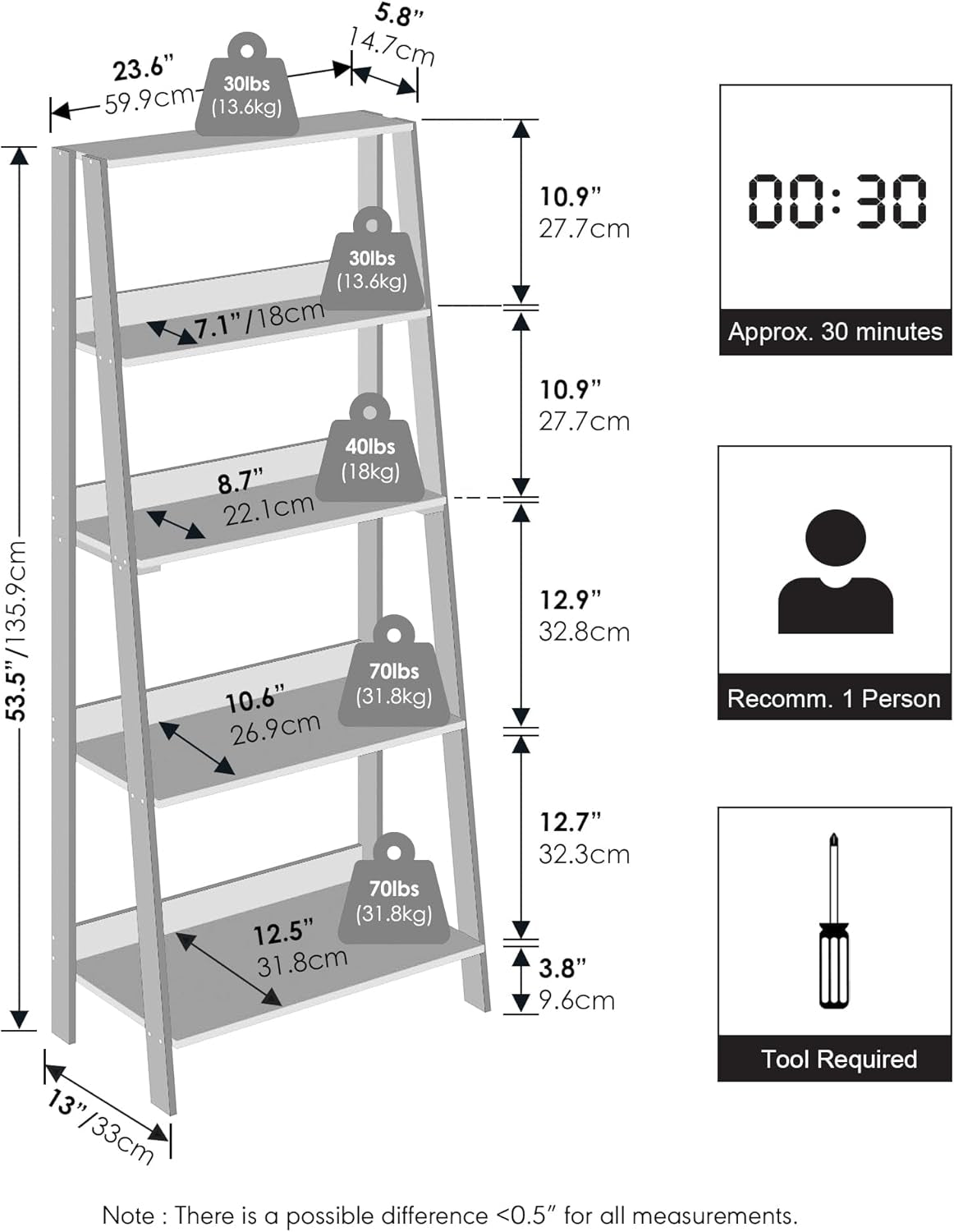 Ladder Display Shelf, 5-Tier Ladder Shelf, Ladder Bookshelf, Display Storage Shelves, 13 X 23.6 X 53.5, for Living Room, Home Office, White