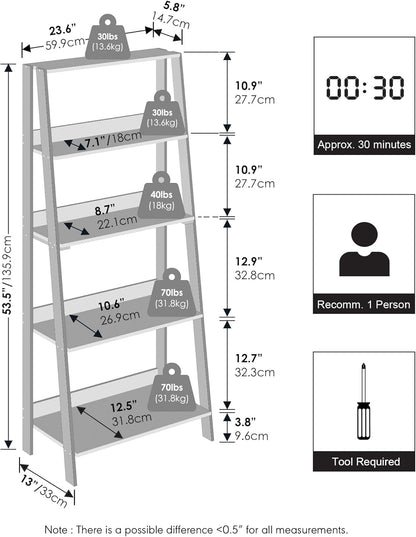 Ladder Display Shelf, 5-Tier Ladder Shelf, Ladder Bookshelf, Display Storage Shelves, 13 X 23.6 X 53.5, for Living Room, Home Office, White