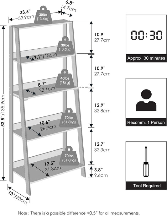 Ladder Display Shelf, 5-Tier Ladder Shelf, Ladder Bookshelf, Display Storage Shelves, 13 X 23.6 X 53.5, for Living Room, Home Office, White
