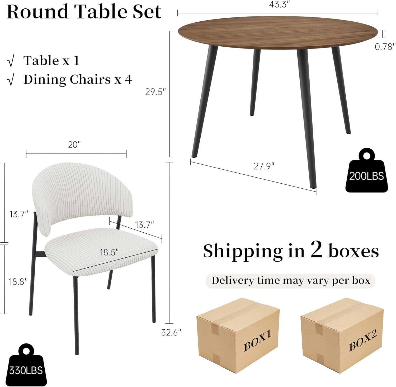 43.3 Inch round Dining Table Set for 4, Modern Small Kitchen Coffee Set for Dining Room Kitchen Apartment (Walnut Table + 4 White Shell Chairs)