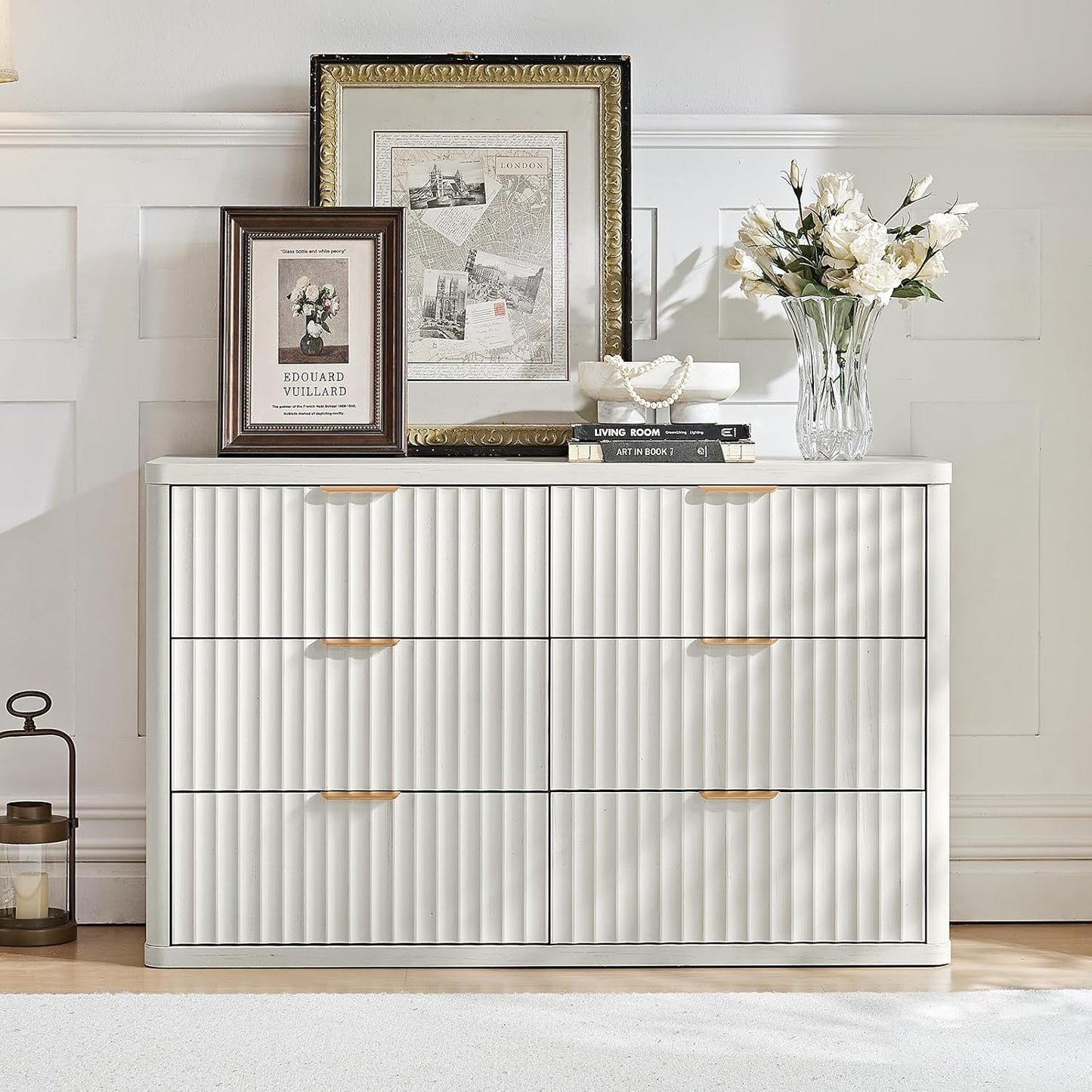 Fluted 6 Drawers Dresser, 48" Wide Modern Chest of Drawers with Wood Grain Top, Curved Profile Design, Dresser TV Stand, Wood Drawer Organizer for Bedroom, Living Room, Antique White
