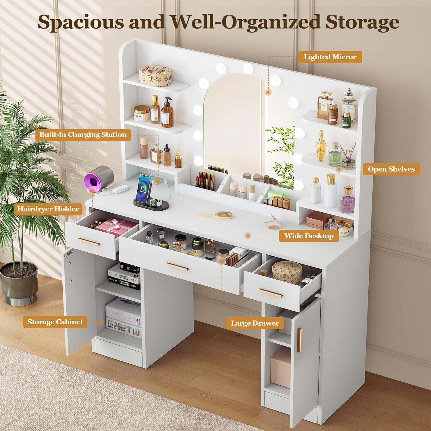 Vanity Desk with Mirror and 11 LED Lights, 43'' Makeup Vanity Table with Power Outlet & Chair, Dressing Table with 3 Drawers, 2 Cabinets and 6 Open Shelfs for Bedroom, White