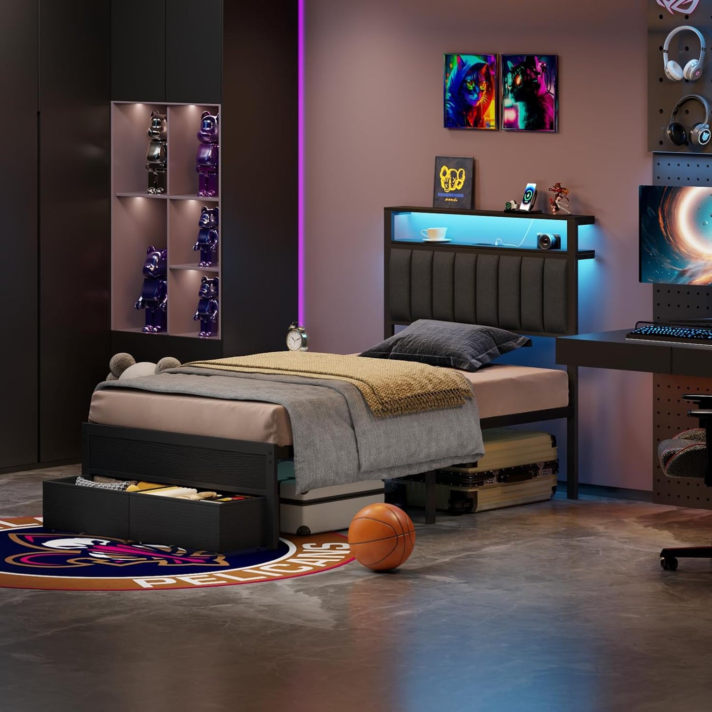 Twin Bed Frames with Charging Station and LED Lights, Grey Upholstered Headboard with Shelves, Metal Platform Bed with 2 Under-Bed Storage (Fabric Drawer on Wheels), No Box Spring Needed