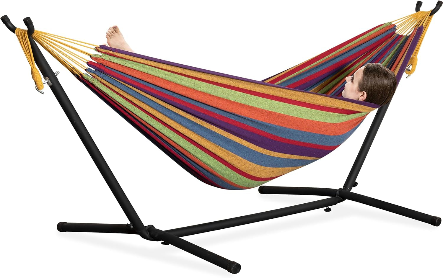 Double Hammocks with Stand for Outside, Portable Space Saving Heavy-Duty Steel Stand for Indoor Outdoor Patio, 450 Lbs Capacity (Tropical)