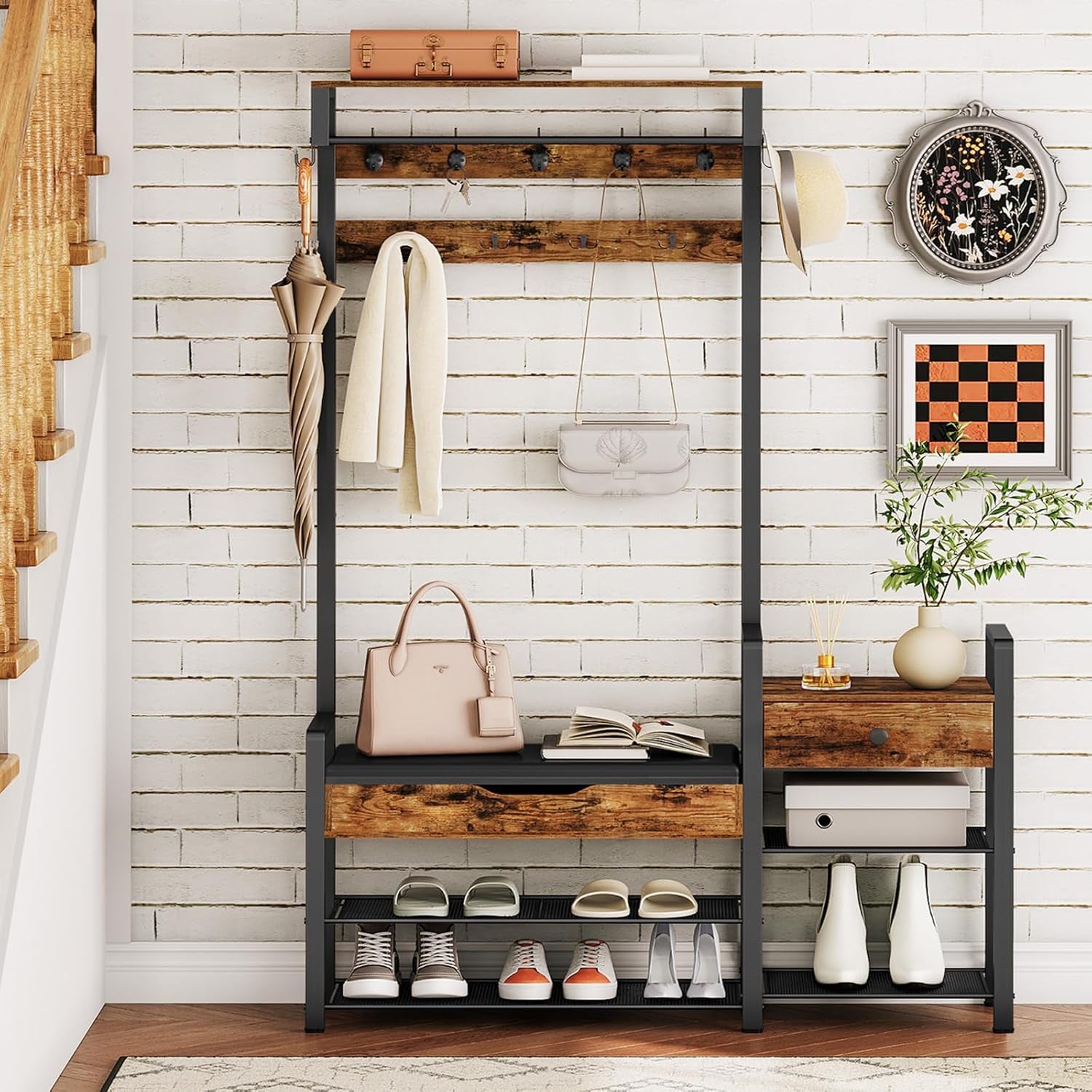 Hall Tree with Bench, Shoe and Coat Rack for Entryway, Coat Rack with Bench, Flip Top Storage Box, PU Cushioned Seat, Non-Woven Fabric Drawer, for Entrance, Rustic Brown and Black BF110MT01