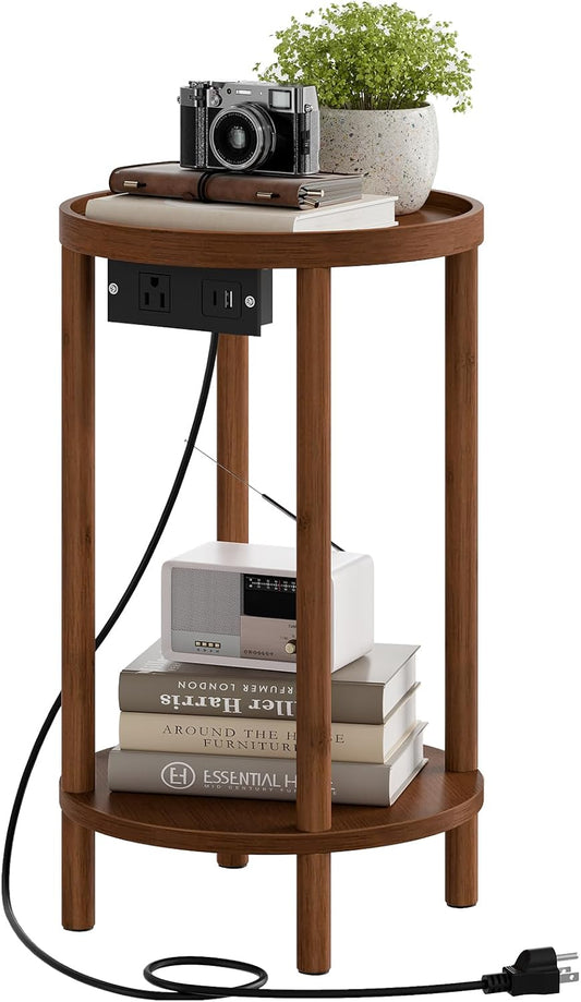 Small round Side Table with Charging Station, 2-Tier round Bamboo End Table, Compact Sofa Bedside Table for Small Space, Easy Assembly, for Living Room, Bedroom, Apartment, Mocha MA156UBZ01