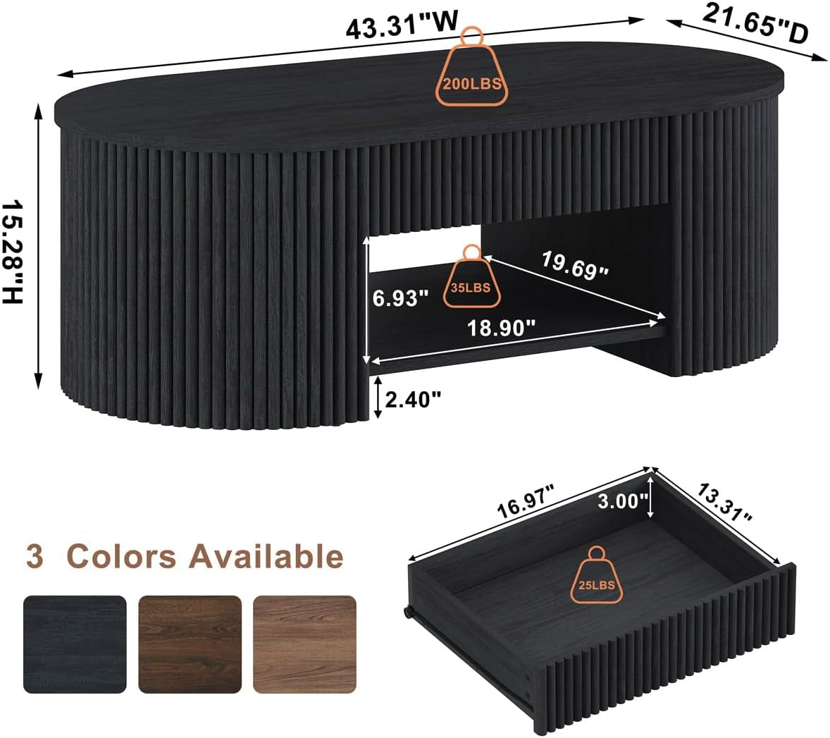 Coffee Table for Living Room Storage, Modern Wood Fluted Center Table with Drawer, Mid-Century Oval Living Room Tables with Shelf (Black, 43.31 Inch)