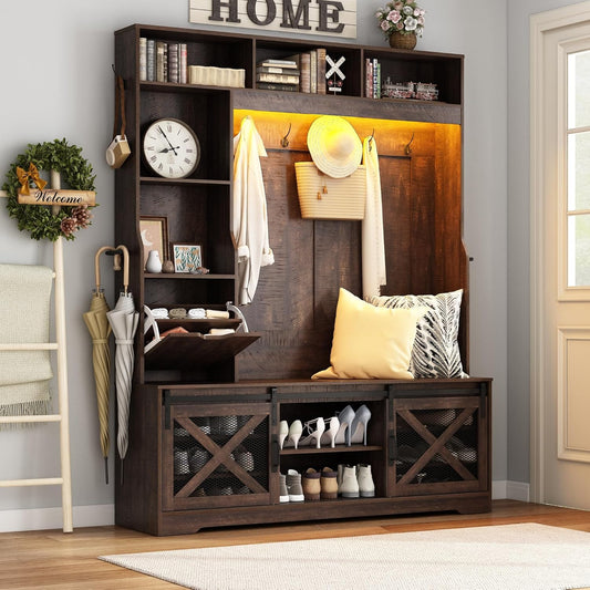 75''H LED Farmhouse Hall Tree with Bench and Shoe Storage,Entryway Bench with Coat Rack,16 Shoe Cubbies & Umbrella Holder and Sock Storage Drawer,Mudroom/Hallway Storages Cabinet(Brown)