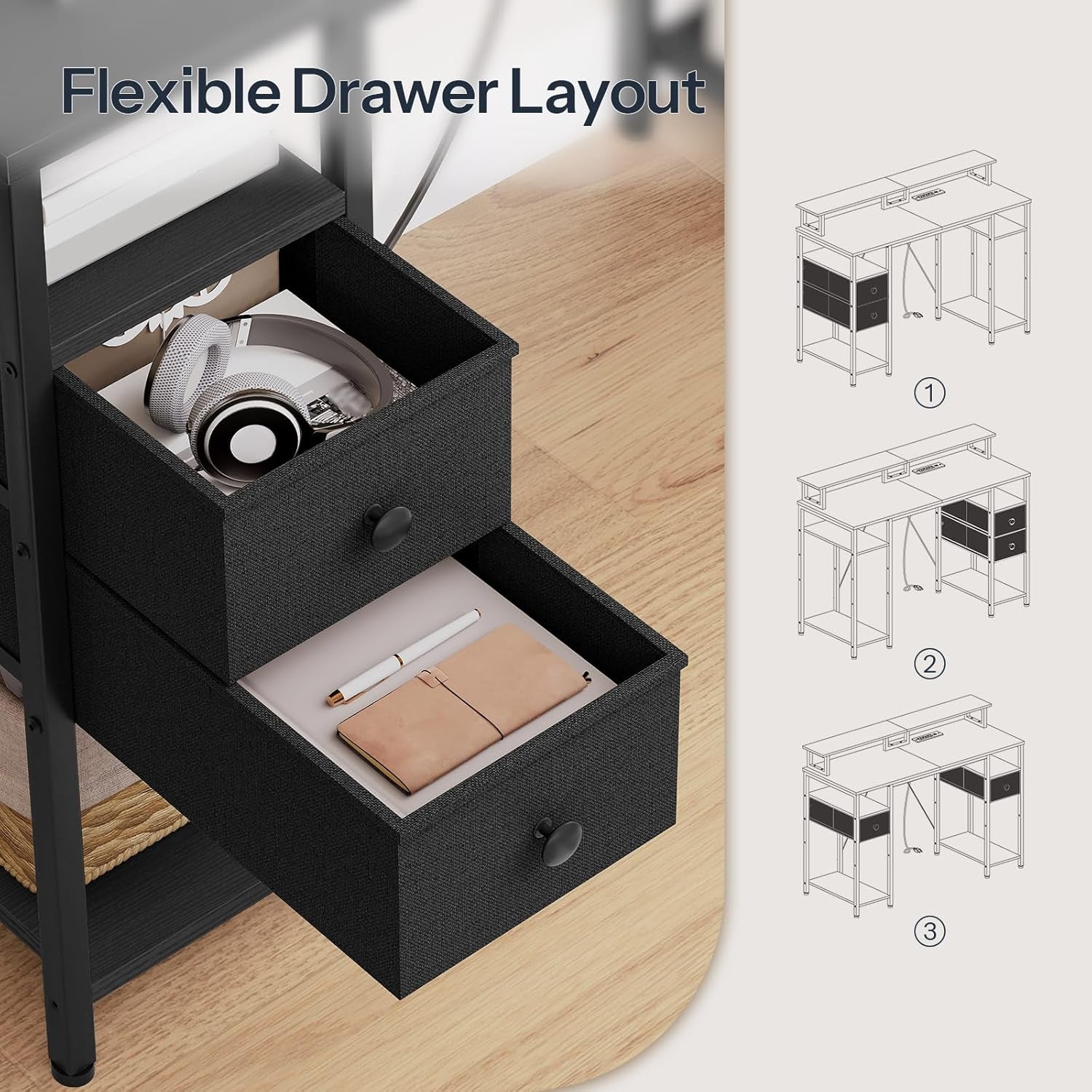 47 Inch Gaming Desk with LED Lights & Power Outlets, Computer Desk with Monitor Stand and Drawers, Gaming Table with Storage Shelves for Home Office, Study, Working, Black BB47UDDN01