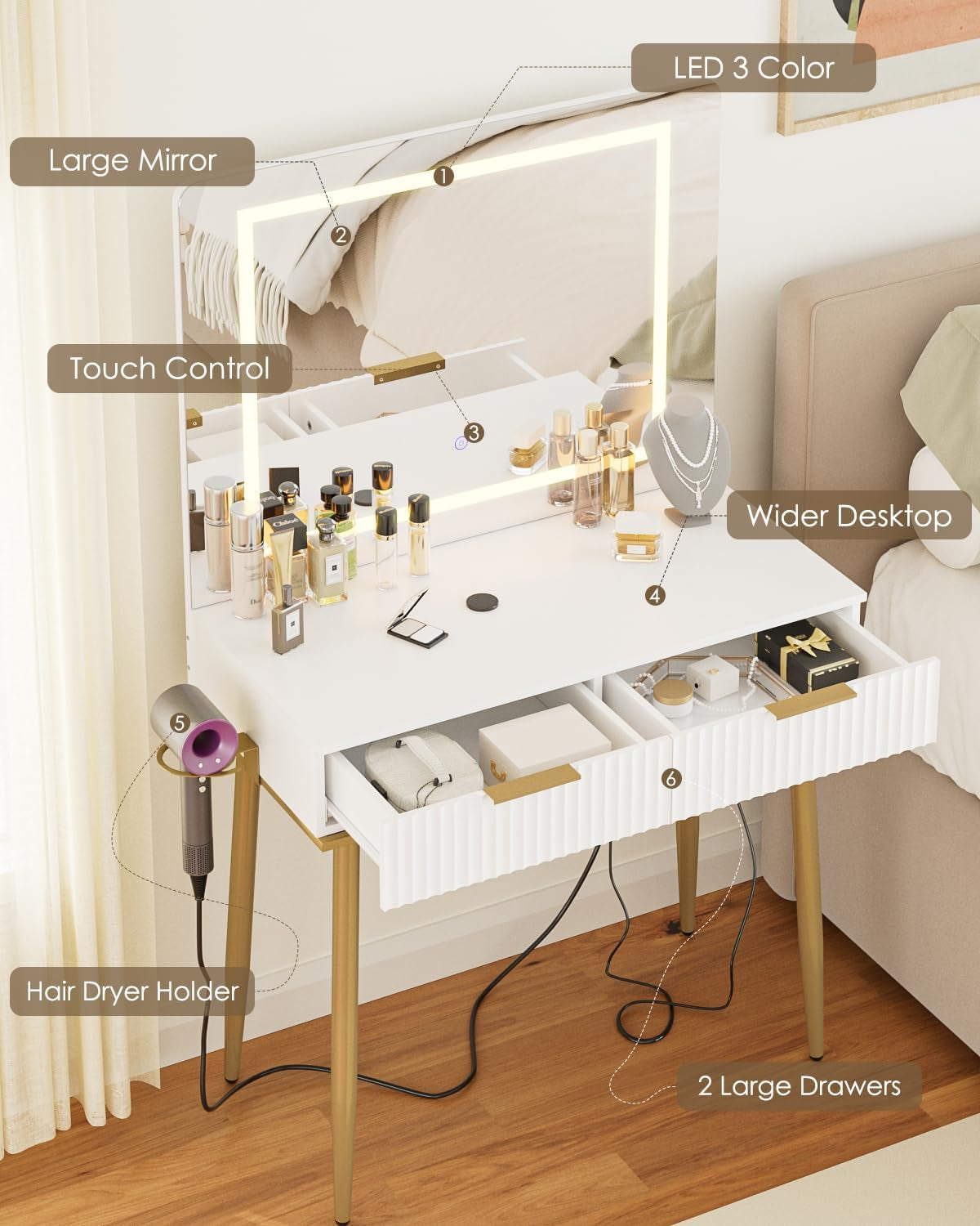 Makeup Vanity Desk with Lights and Mirror, Small Makeup Vanity Table with 2 Drawers, Dressing Table with 3 Adjustable Lighting Color, Small Makeup Desk for Bedroom, White with Gold Leg