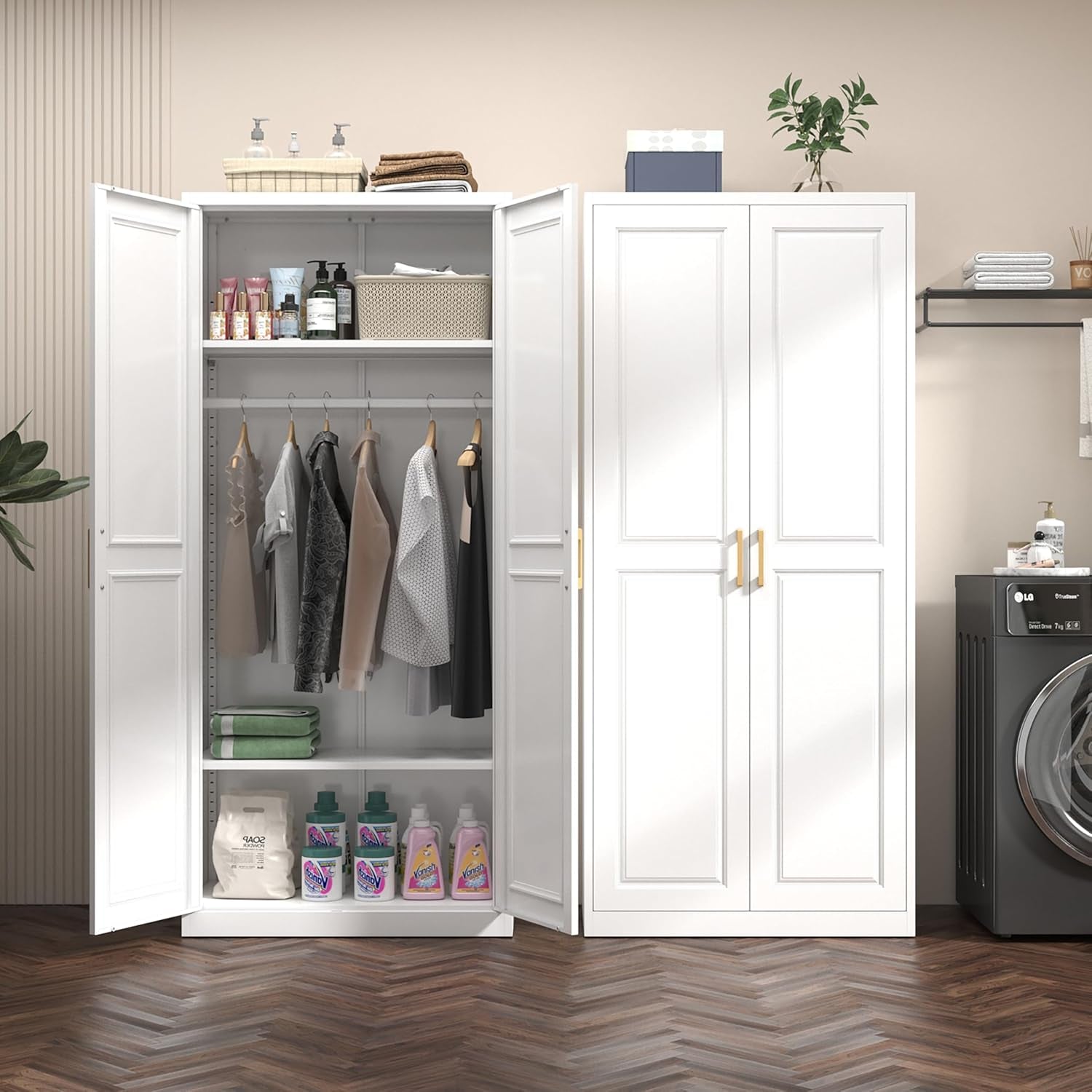 Metal Wardrobe Cabinets，Armoire Wardrobe Closet with Hanging Rod,Clothes Storage Cabinet with Adjustable Shelves and Doors, Clothing Cabinet for Bedroom, Office, Laundry Room