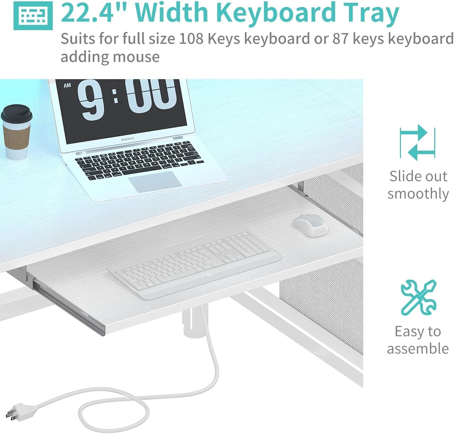 Gaming Desk with LED Lights and Power Outlets, 47 Inch Home Office Desks with Keyboard Tray, White Computer Desk with File Drawers Cabinet, Writing Table PC Desks with Monitor Stand, White