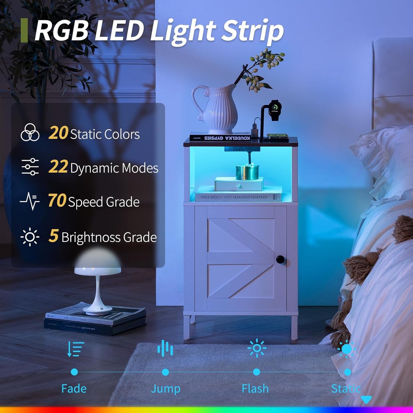 Farmhouse Nightstand with Charging Station, Wood Night Stand End with USB Ports, LED Bed Side Table with Storage Cabinet, Bedside Table for Bedroom, Living Room White