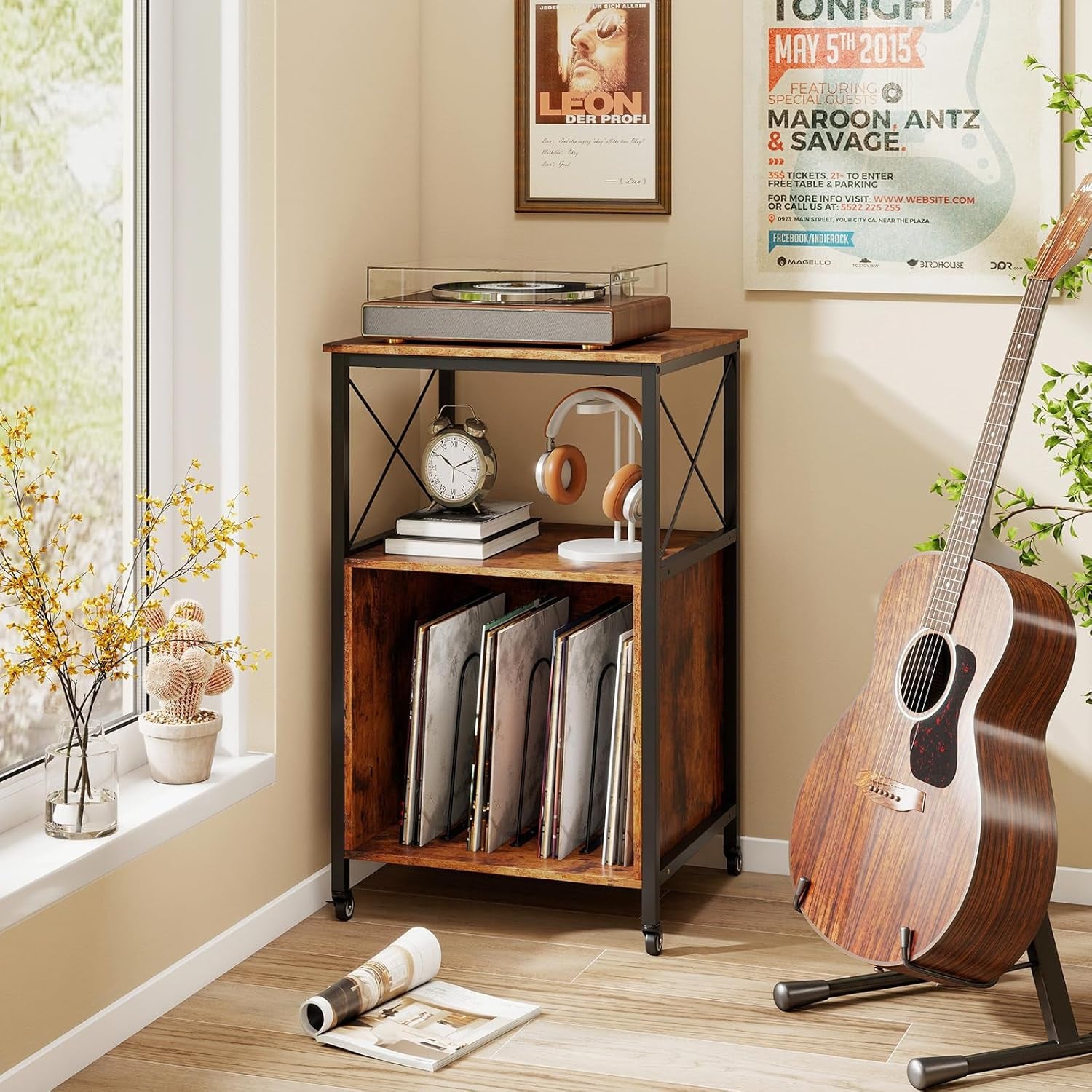 Record Player Stand with Charging Station, Rolling 3-Tier Turntable Stand with Open Shelf & Dividers, Record Player Table with Metal Frame, Vinyl Record Storage on Wheels for Living Room