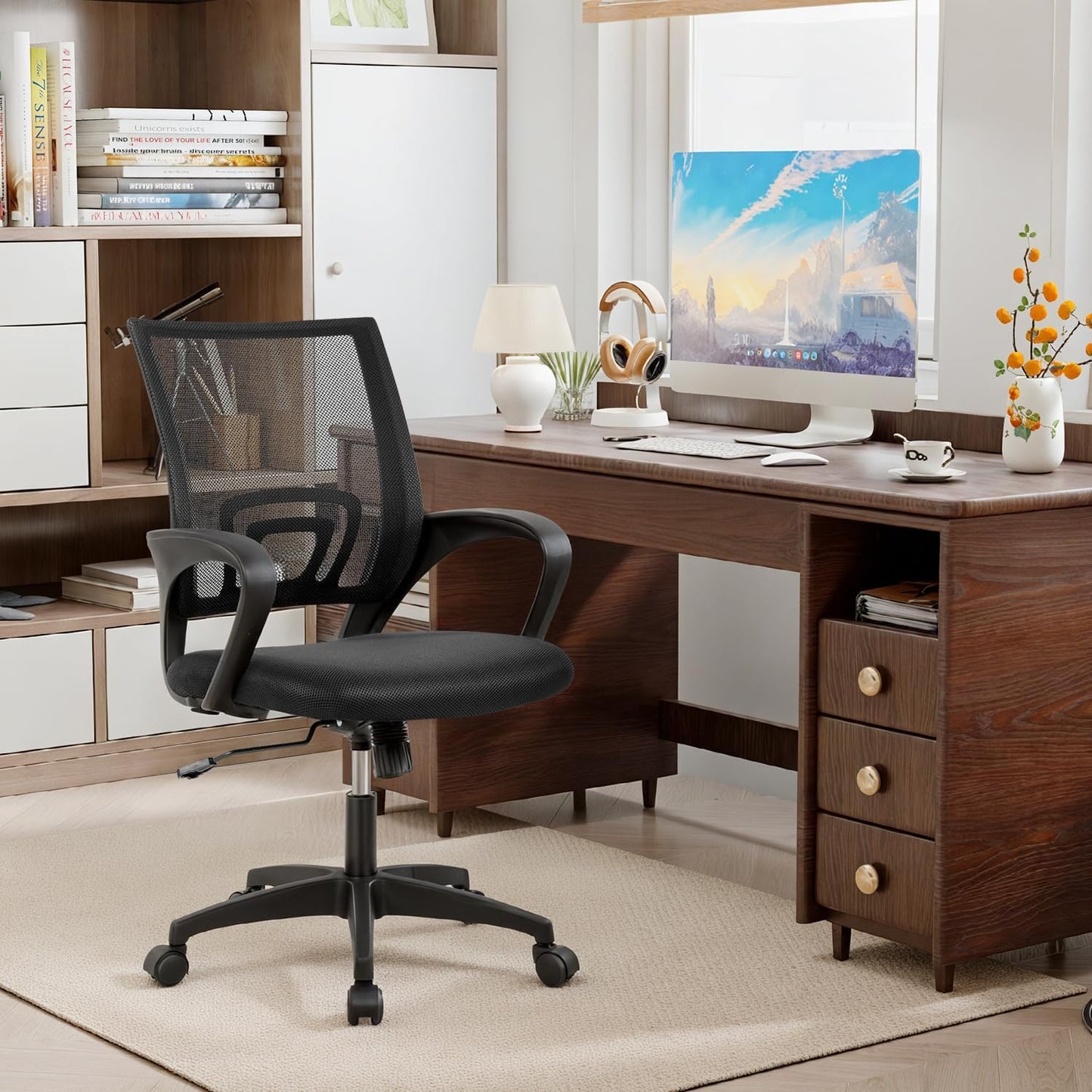 | Ergonomic Office Chair | Mid-Back Swivel Desk Chair | Breathable Backrest & Lumbar Support | Adjustable Height | Sponge Seat | Rolling Wheels | Dark Black | for Adults & Women