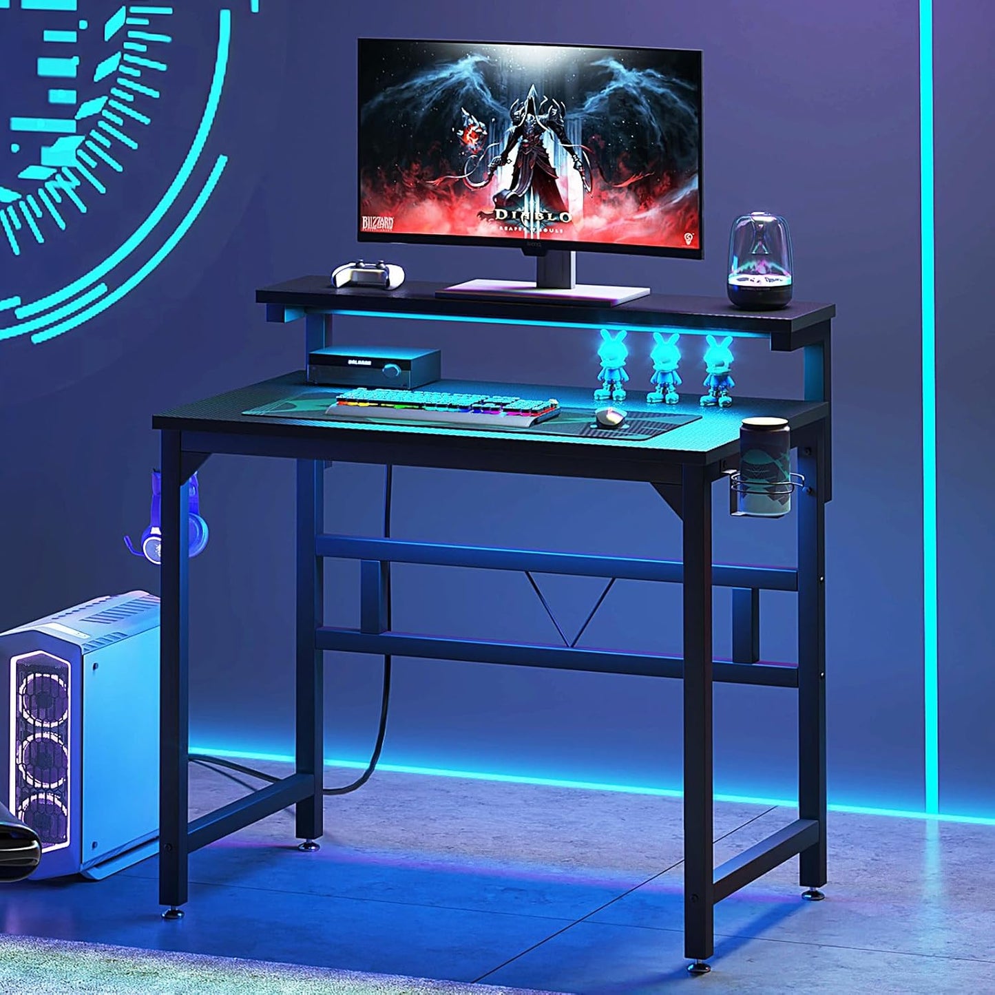 Gaming Desk with Power Outlets & LED Strip Lights,80Cm Industrial Writing Desk with Adjustable Monitor Stand, Cupholder and Headphone Hook for Home Office Black