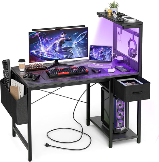 Gaming Desk 40 Inch with Power Outlet and LED Light, Computer Desk with Reversible Shelves and Storage Drawer, Pc Small Desk for Home Office Table with Bag, Carbon Fiber Black