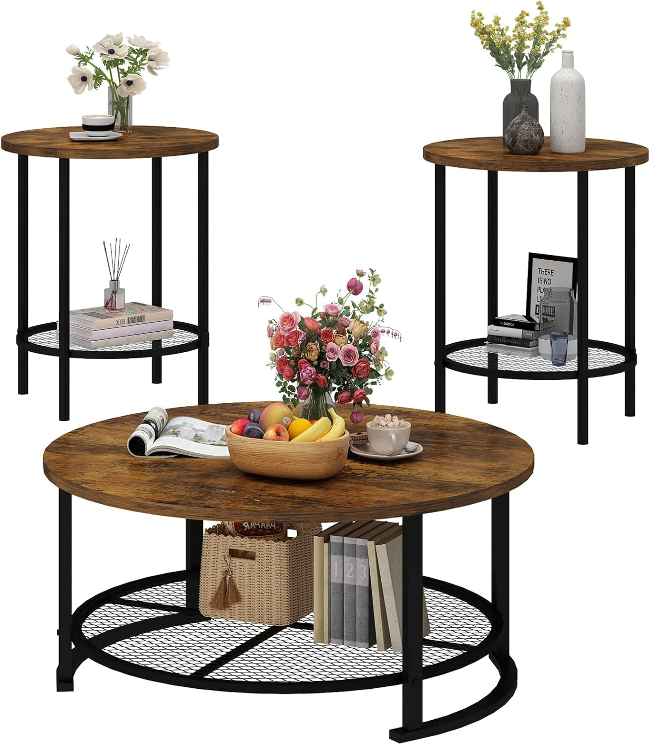 round Coffee Table and End Table Set of 3 with Storage, Modern Vintage Dark Brown Coffee Table and Side Table for Living Room, Office, Apartment, Small Space