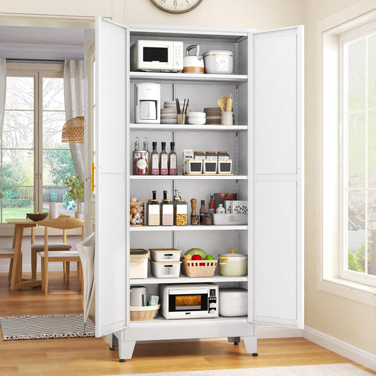75.2" Tall Metal Kitchen Pantry Storage Cabinets with 2 Door and 5 Adjustable Shelves, Cupboard for Kitchen, Dining Room, Living Room and Bathroom, White