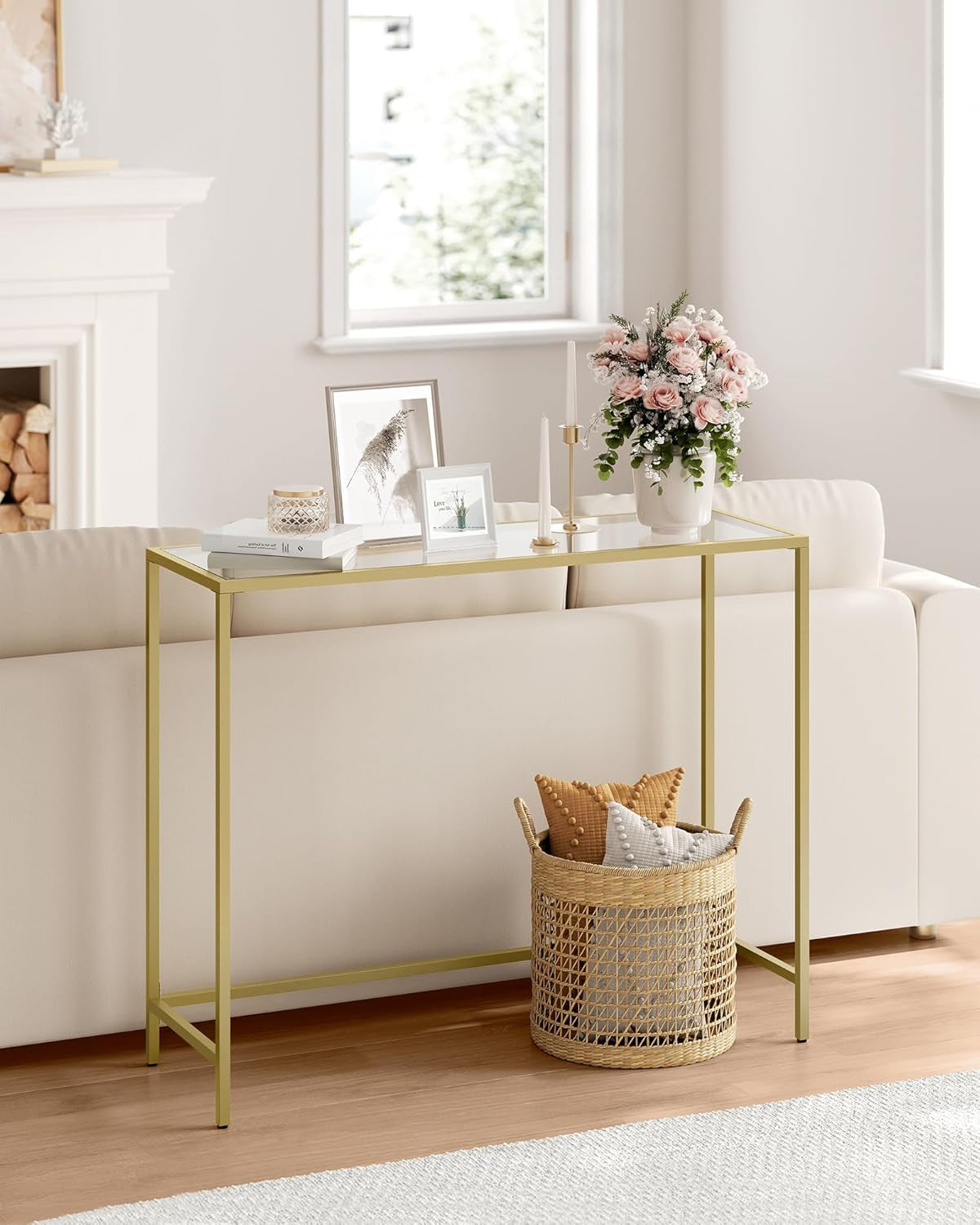Entryway Table, Console Table, Tempered Glass Tabletop, Modern Sofa Table, Easy Assembly, with Adjustable Feet, for Living Room, Entryway, Pale Gold and Transparent ULGT132A01