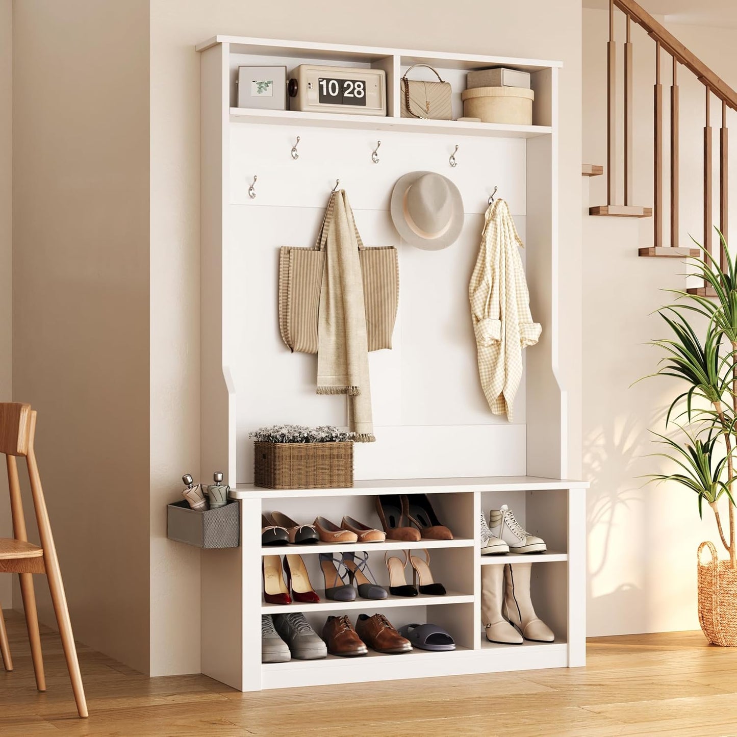 Hall Tree with Bench and Shoe Storage, 3-In-1 Entryway Hall Tree, with Adjustable Shoe Storage, for Entryway, Hallway, White