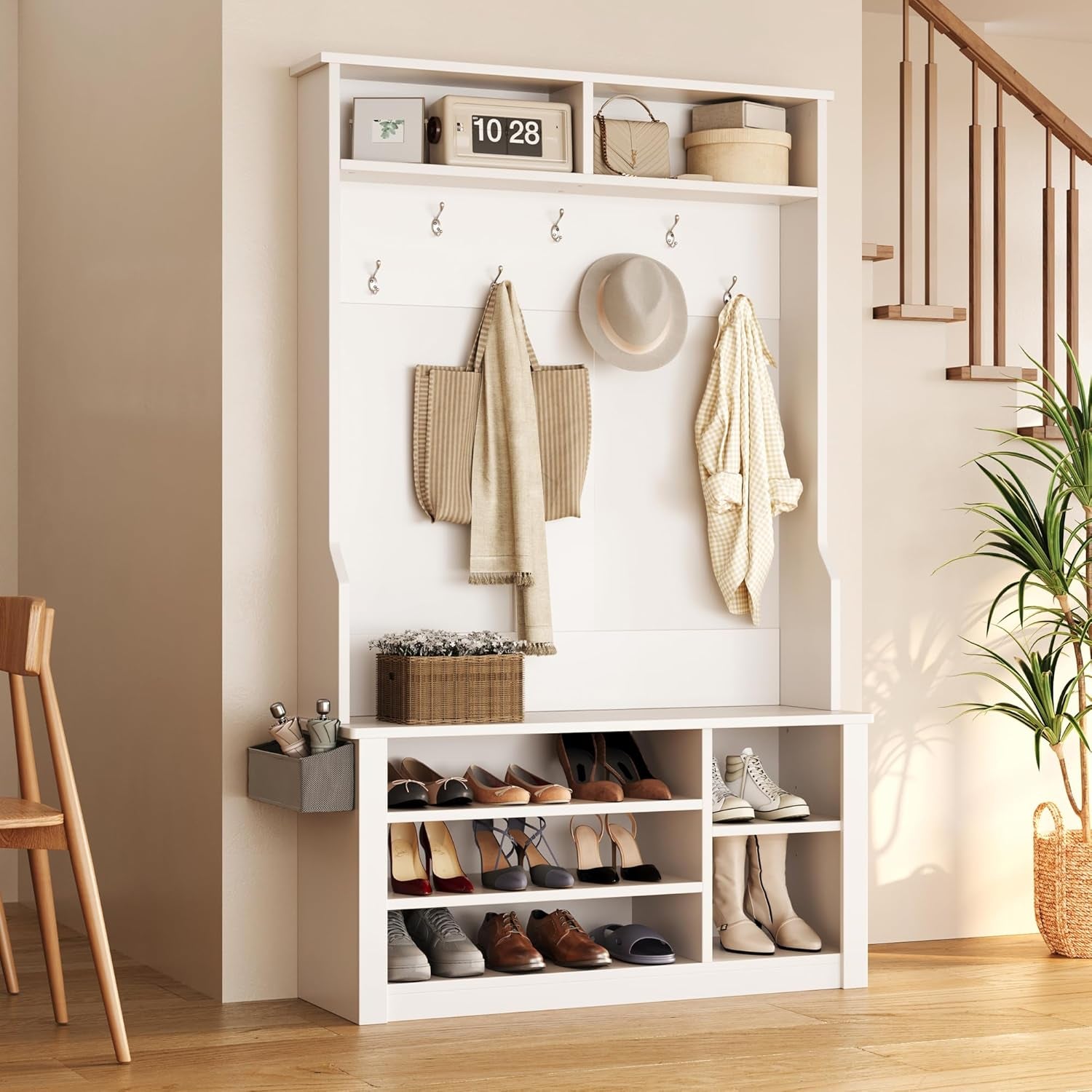 Hall Tree with Bench and Shoe Storage, 3-In-1 Entryway Hall Tree, with Adjustable Shoe Storage, for Entryway, Hallway, White