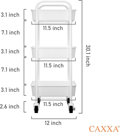 3-Tier Rolling Metal Storage Organizer - Mobile Utility Cart Kitchen Cart with Caster Wheels, White
