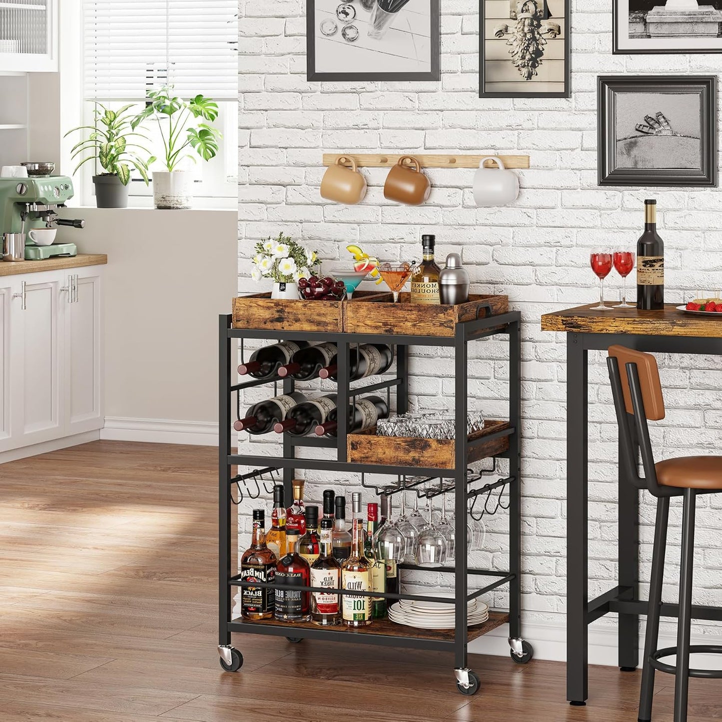 Bar Cart, Home Bar Serving Cart, 3-Tier Kitchen Cart on Wheels, Rolling Beverage Cart with Wine Rack and Glass Holder, Brown BC01BB037