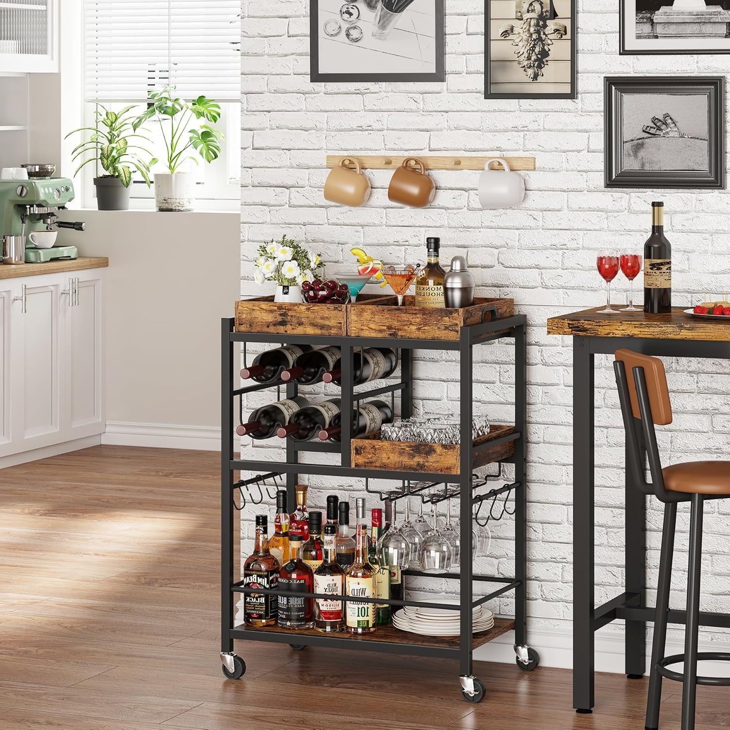 Bar Cart, Home Bar Serving Cart, 3-Tier Kitchen Cart on Wheels, Rolling Beverage Cart with Wine Rack and Glass Holder, Brown BC01BB037