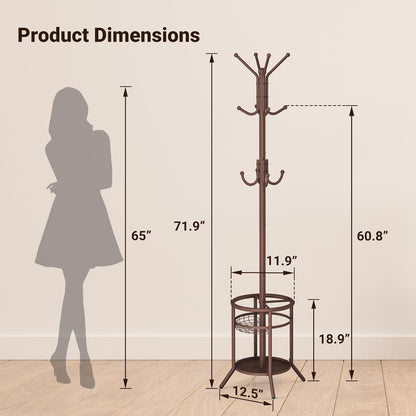 Coat Rack Freestanding, Metal Coat Rack Stand with Umbrella Holder, Modern Coat Tree with 12 Hooks, Floor Standing Corner Hall Tree for Entryway Living Room Bedroom Office, Brown