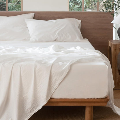 Bedding Sheet Set 100% Washed Cotton Linen like Textured Breathable Durable Soft Comfy (Solid off White, Queen)