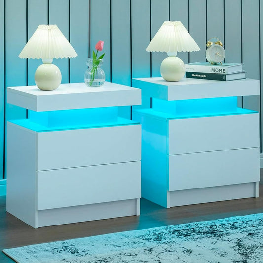 Nightstand Set of 2 LED Nightstand with 2 Drawers,Night Stand Set 2 with LED Light,Bedside Table with Drawers for Bedroom,White