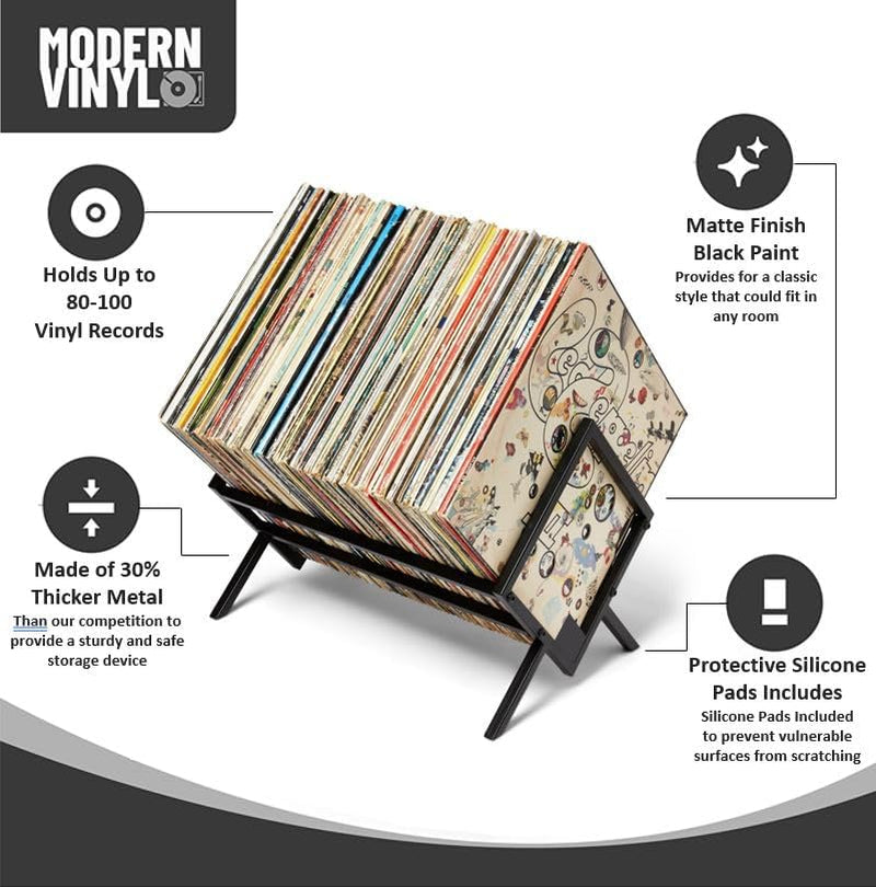 Record Storage Racks - Easy Assembly Vinyl Record Holder Stand 100 Lps | Sleek Matte Black LP Holder Stand | Multiuse Vinyl Storage Rack | Storage Rack for Books Magazines Files