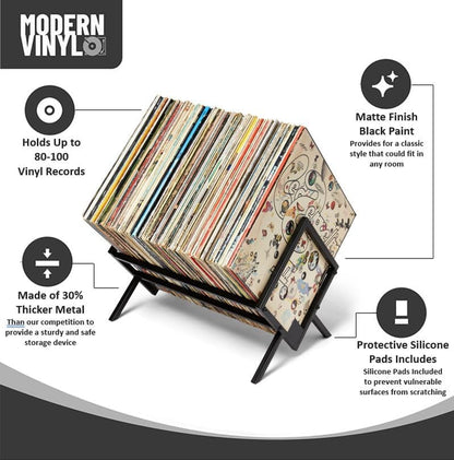 Record Storage Racks - Easy Assembly Vinyl Record Holder Stand 100 Lps | Sleek Matte Black LP Holder Stand | Multiuse Vinyl Storage Rack | Storage Rack for Books Magazines Files