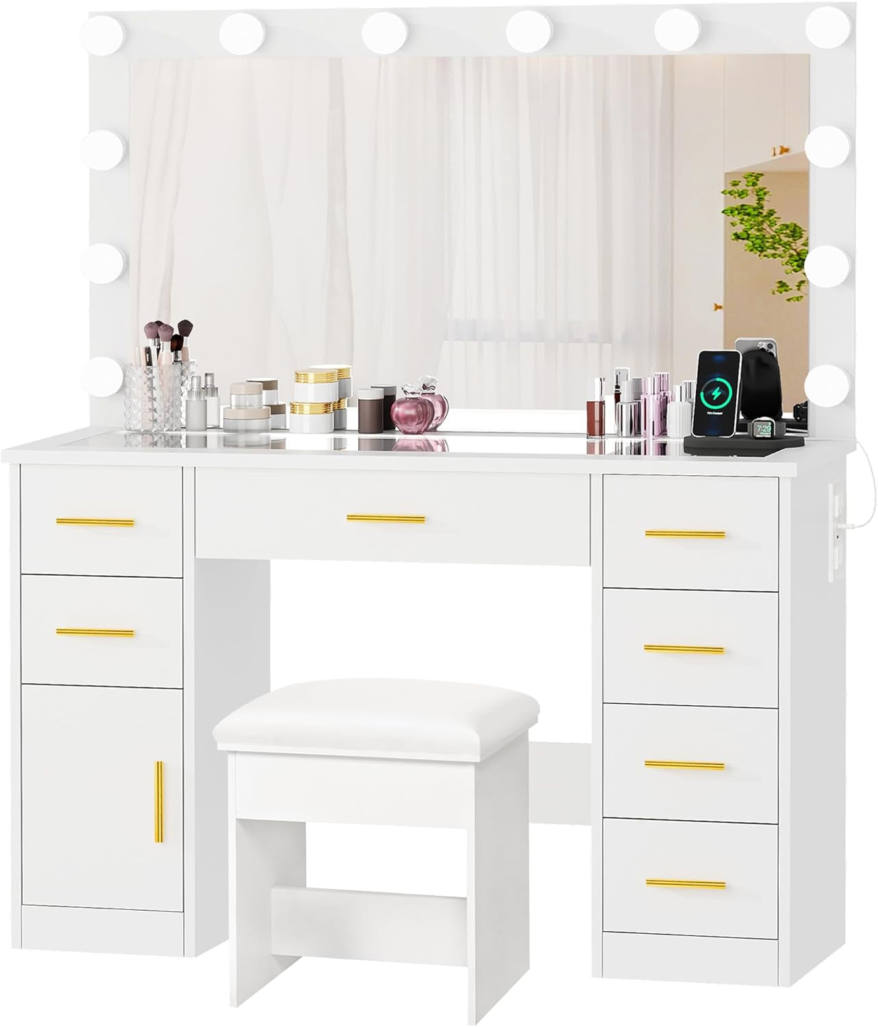 Large Vanity Desk with Lighted Mirror White Makeup Vanity Set with Glass Top & Power Outlet & 7 Drawers Storage 3 Color Lighting Modes Dressing Table with Stool for Bedroom Women Girl UBDT83W