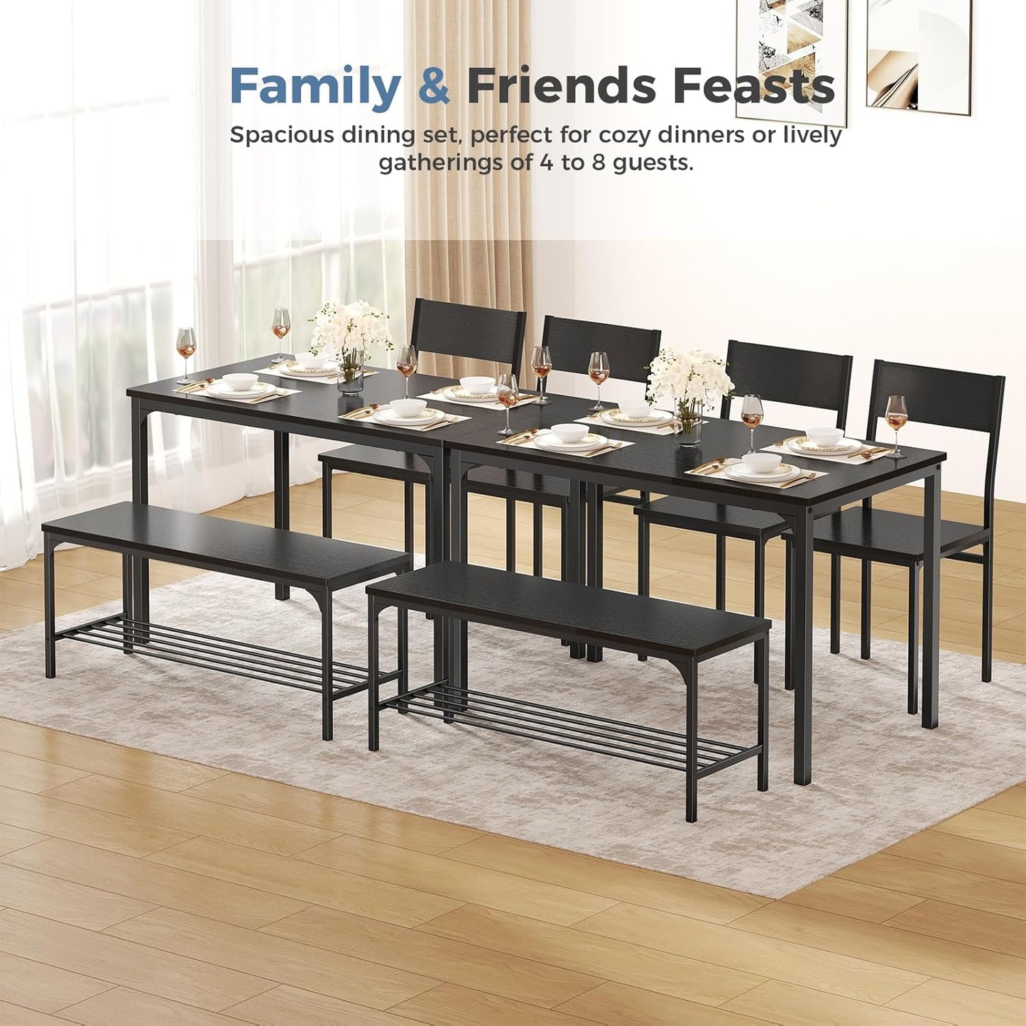 Dining Table Set, Dining Table for 4 with Bench, Kitchen Table, Space-Saving Ideal 4-Person Set for Dining Room Kitchen Apartment Corner Black 4 Pack