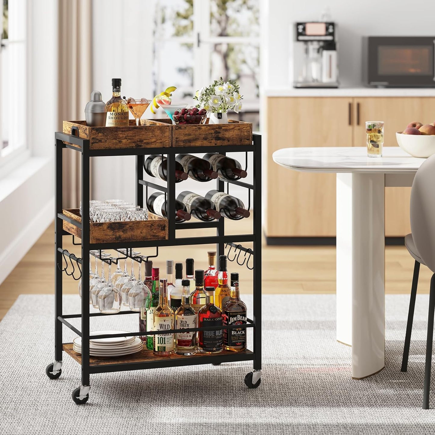 Bar Cart, Home Bar Serving Cart, 3-Tier Kitchen Cart on Wheels, Rolling Beverage Cart with Wine Rack and Glass Holder, Brown BC01BB037