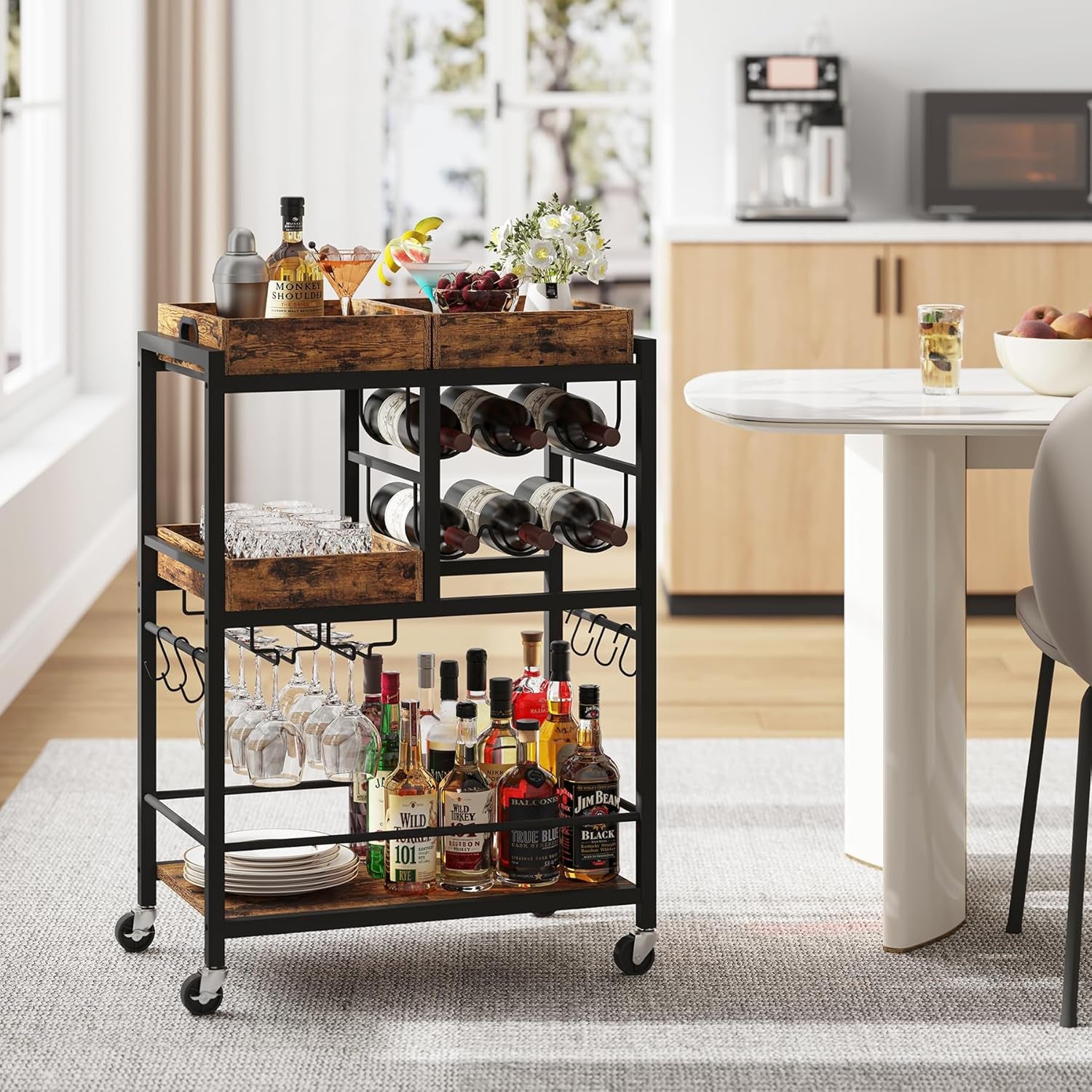 Bar Cart, Home Bar Serving Cart, 3-Tier Kitchen Cart on Wheels, Rolling Beverage Cart with Wine Rack and Glass Holder, Brown BC01BB037