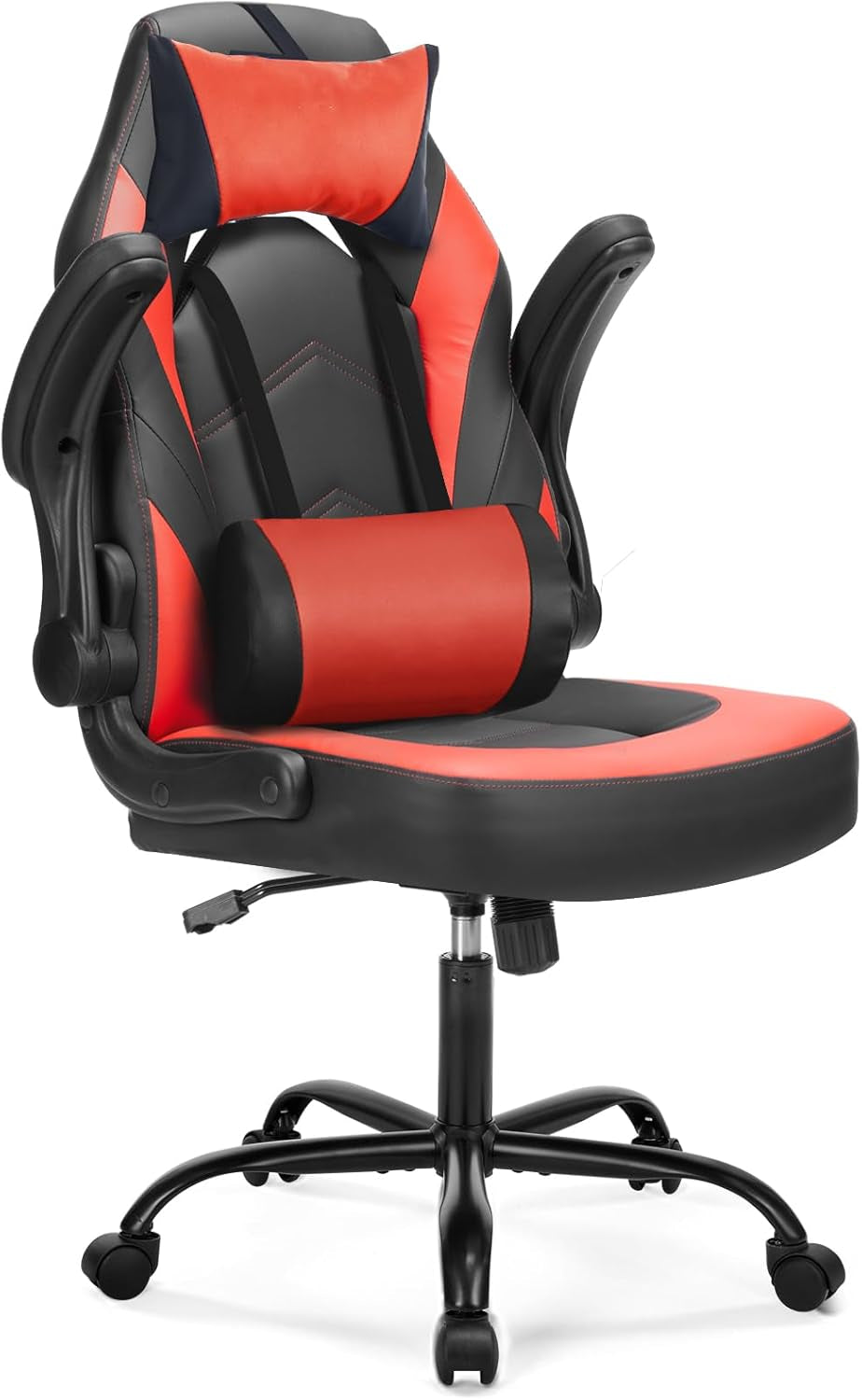 Computer Gaming Chair with Flip-Up Armrest, Ergonomic Office Desk Chair with Headrest for Adults and Teenagers, Height Adjustable Video Game Chair with Lumbar Pillow, Deep Red