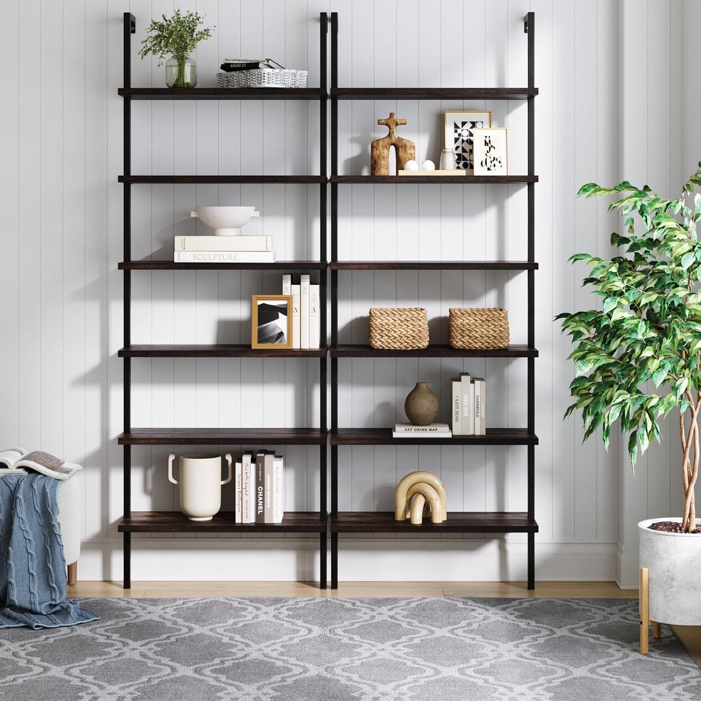 Theo 6-Shelf Tall Bookcase, Wall Mount Bookshelf with Natural Wood Finish and Industrial Metal Frame, Nutmeg/Matte Black, Set of 2