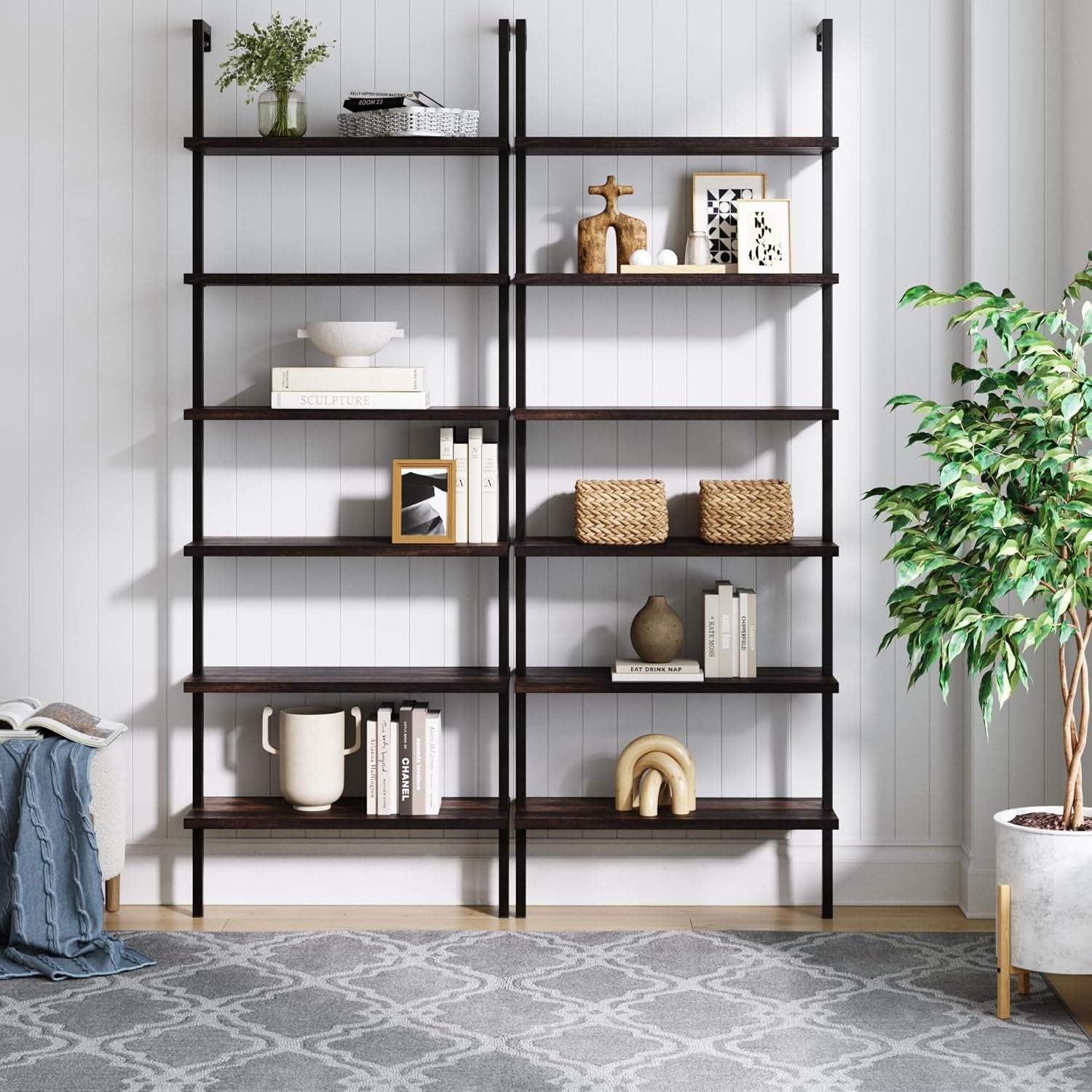 Theo 6-Shelf Tall Bookcase, Wall Mount Bookshelf with Natural Wood Finish and Industrial Metal Frame, Nutmeg/Matte Black, Set of 2