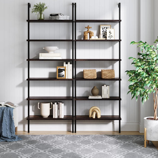 Theo 6-Shelf Tall Bookcase, Wall Mount Bookshelf with Natural Wood Finish and Industrial Metal Frame, Nutmeg/Matte Black, Set of 2