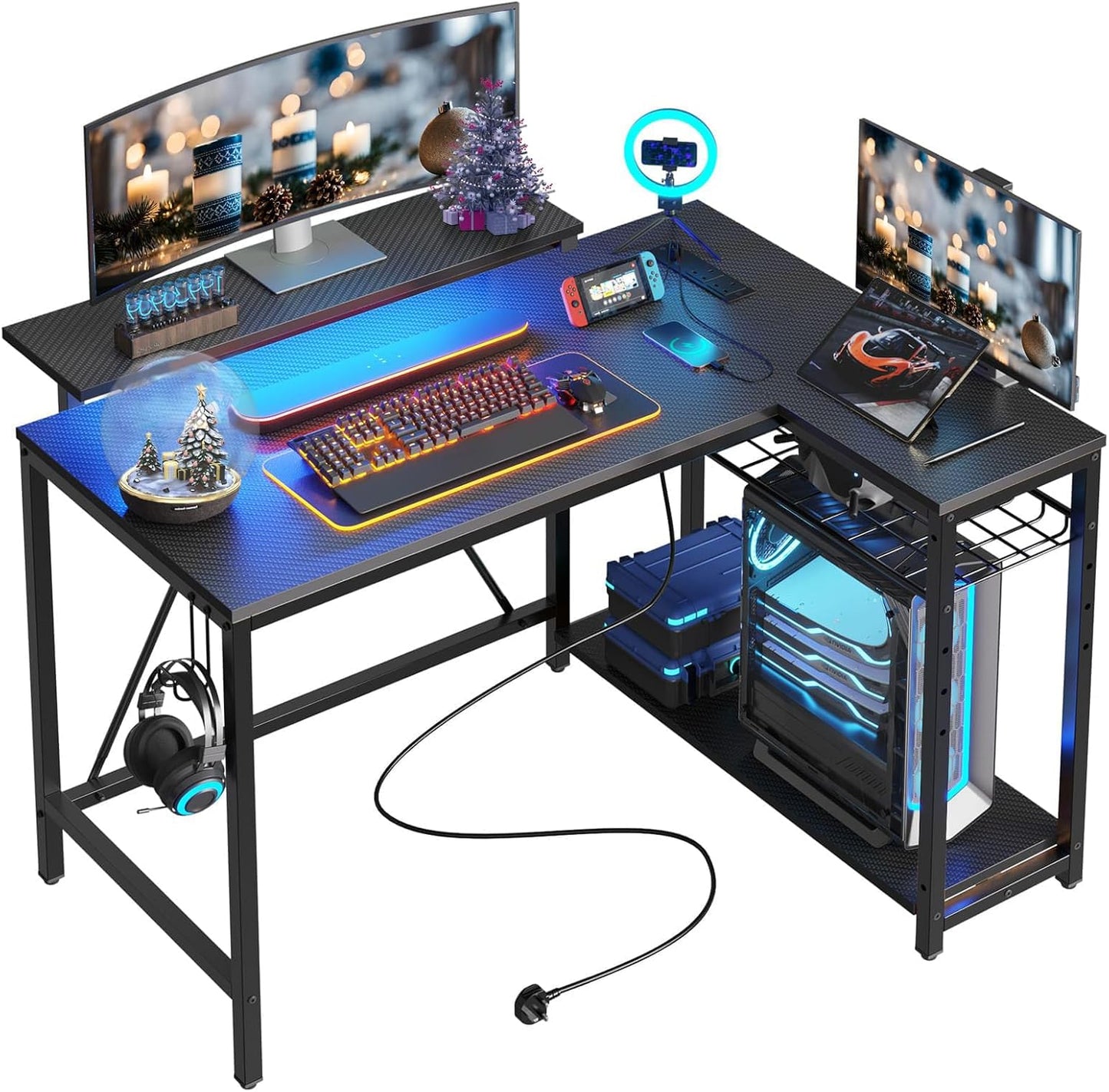 Gaming Desk with Power Outlets, 42" L-Shaped Computer Desk with LED Lights, Desk with Reversible Storage Shelves & Hooks for Small Spaces, Bedrooms & Offices, Black Carbon Fiber